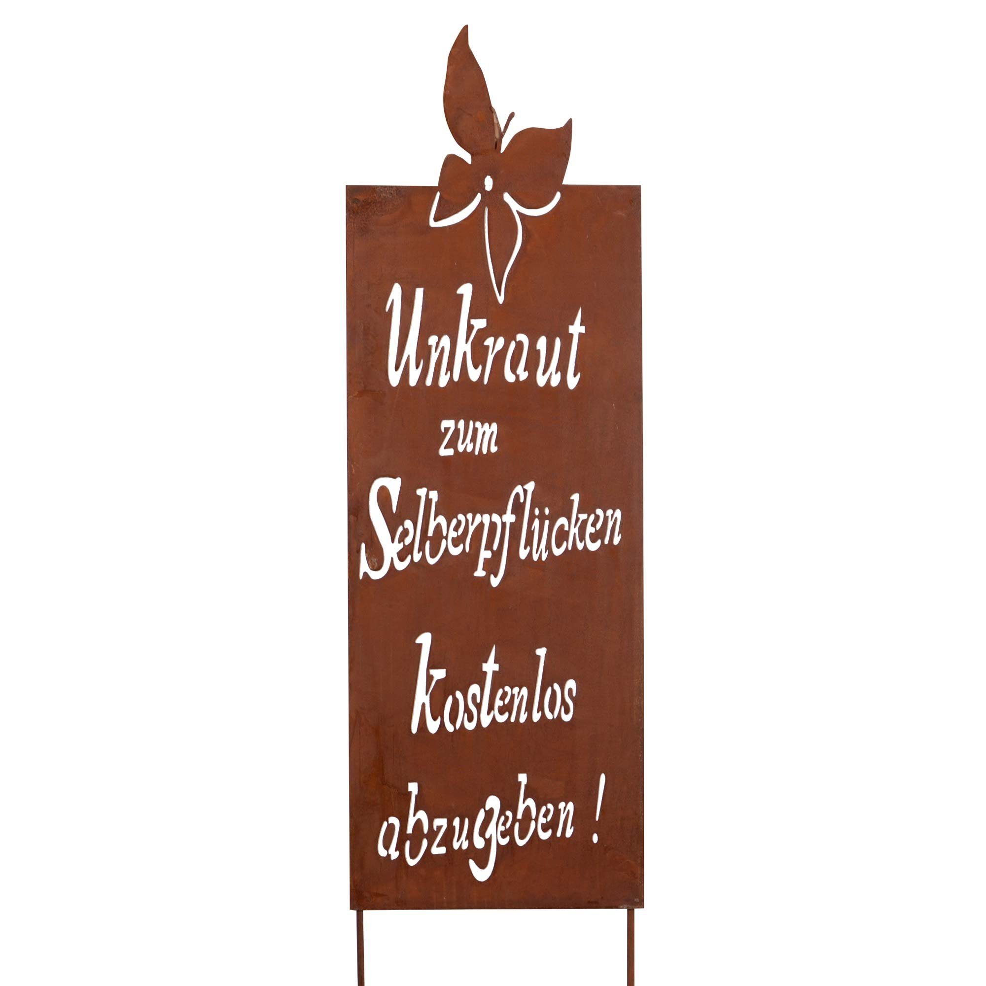 Schild Unkraut schmal Gartenstecker Spruch (1-St) GARDEN UNUS Roststecker