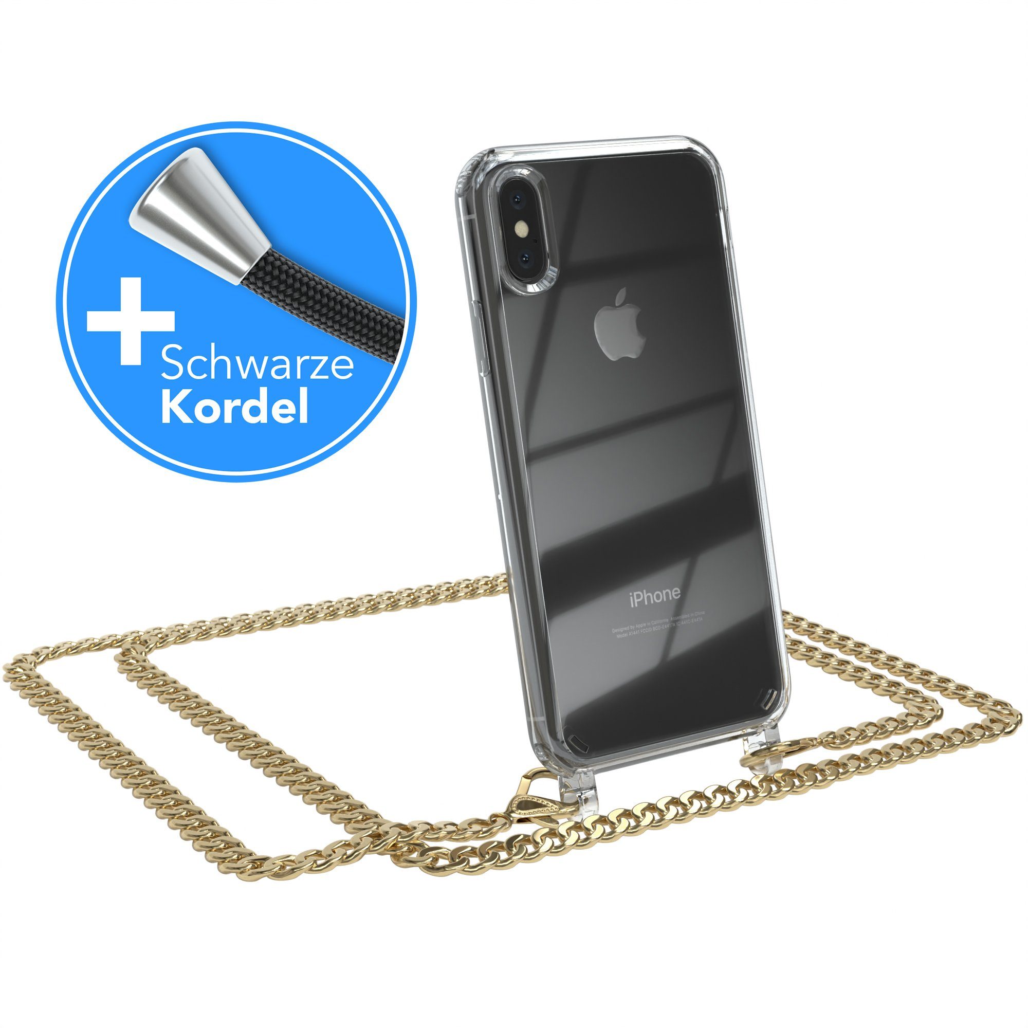 EAZY CASE Handykette 2in1 Metallkette für Apple iPhone X / XS 5,8 Zoll, Hülle mit Band Silikonhülle durchsichtig Necklace Cover Slimcover Gold