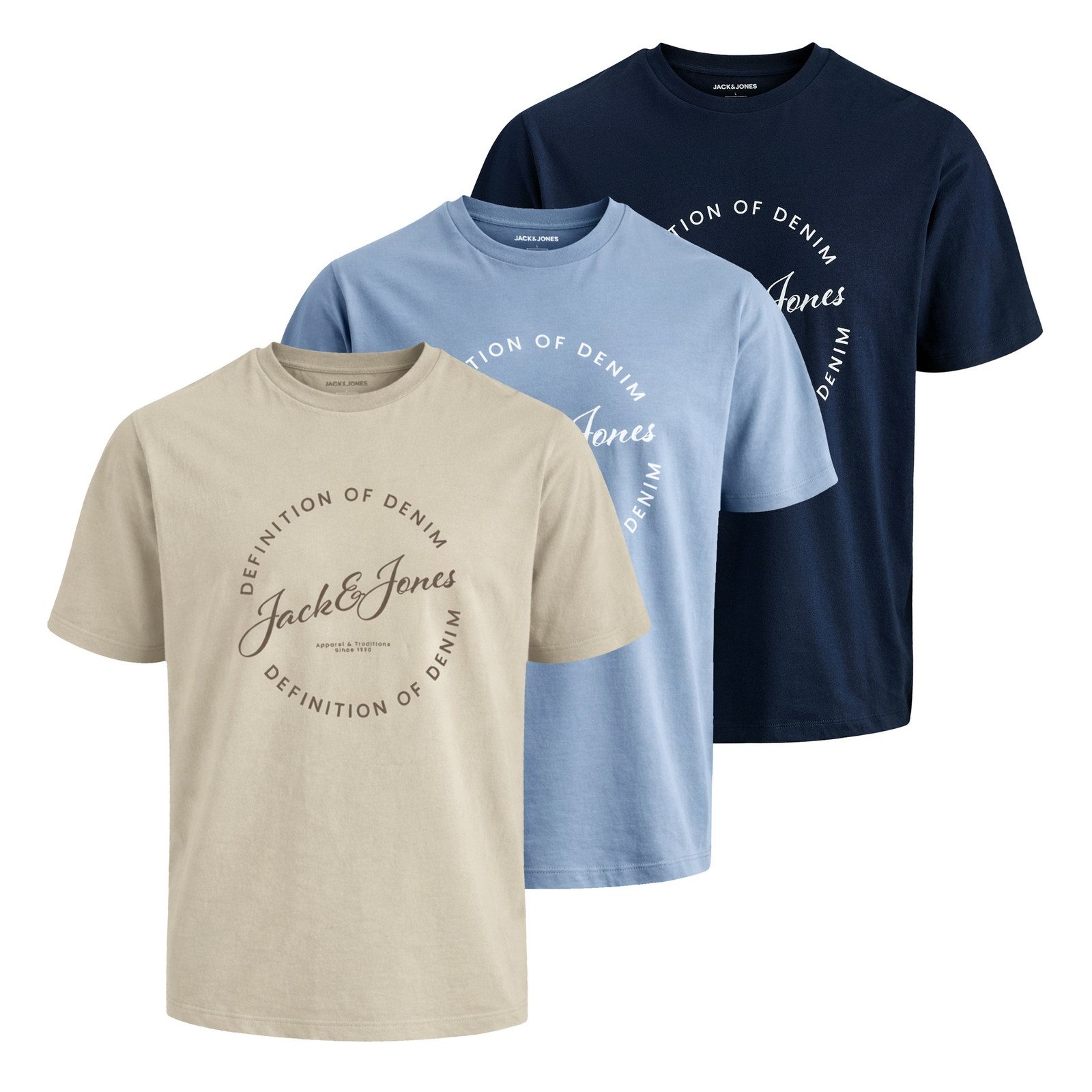 Jack & Jones T-Shirt 3er Pack Grayson Tee SS Crew Neck mit großem Print auf der Vorderseite