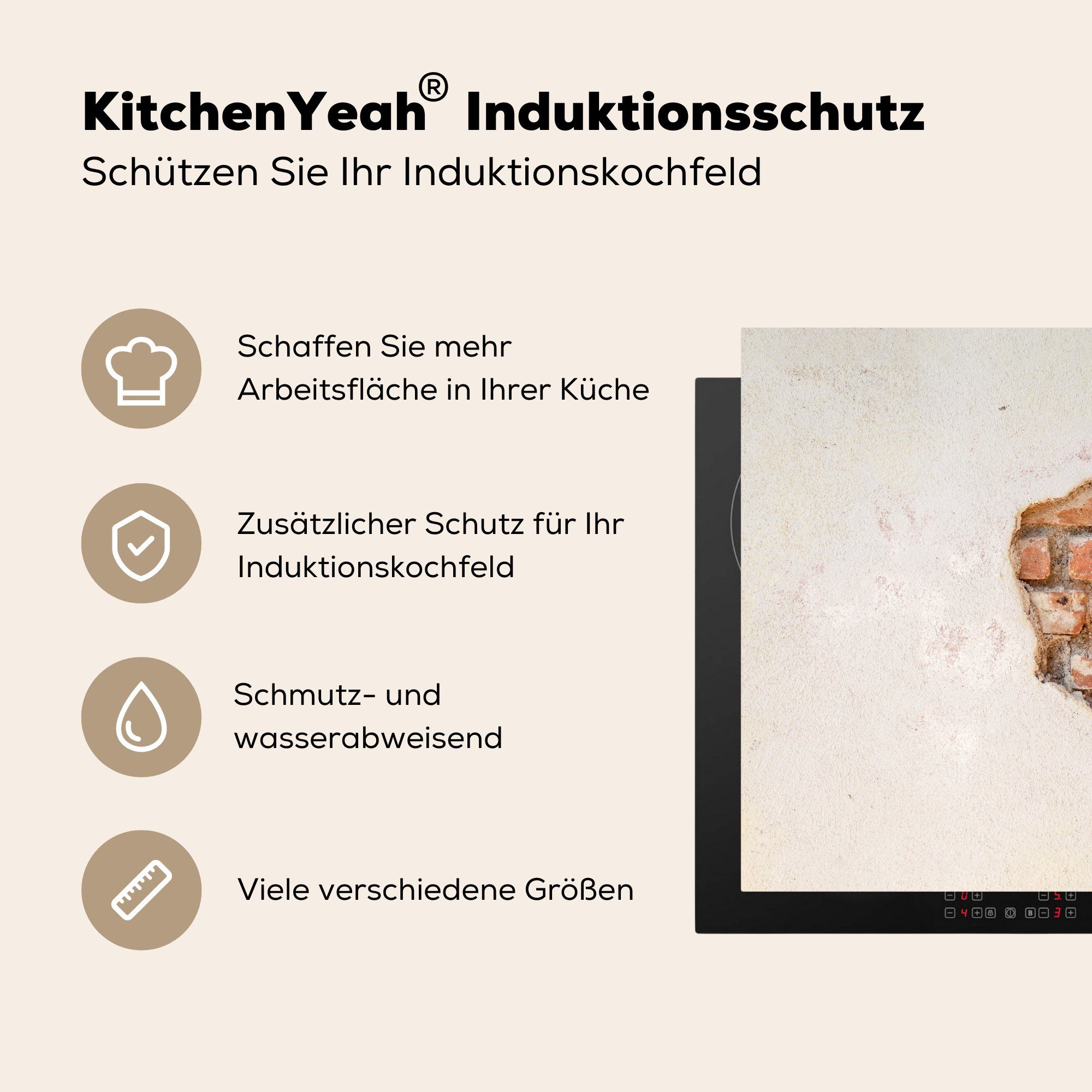 Herdblende-/Abdeckplatte Gips Dekoration - MuchoWow (1 - für Küchen Vinyl, cm, Wand Ziegel - 58x51 Induktionsherd, Induktionskochfeld braun, tlg),