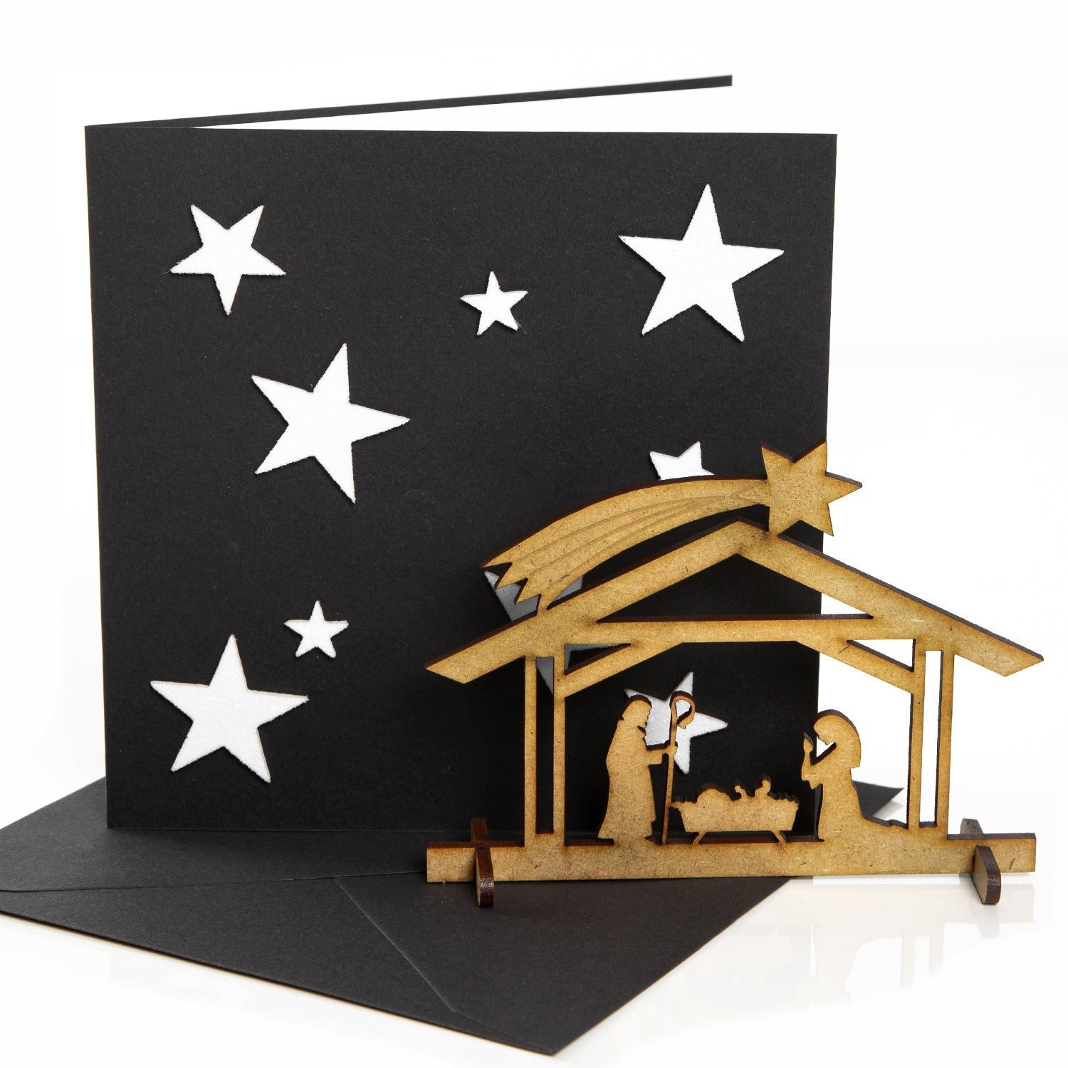 Logbuch-Verlag Klappkarte 3 Weihnachtskarten schwarz weiß mit Umschlag + kleine Krippe aus Holz