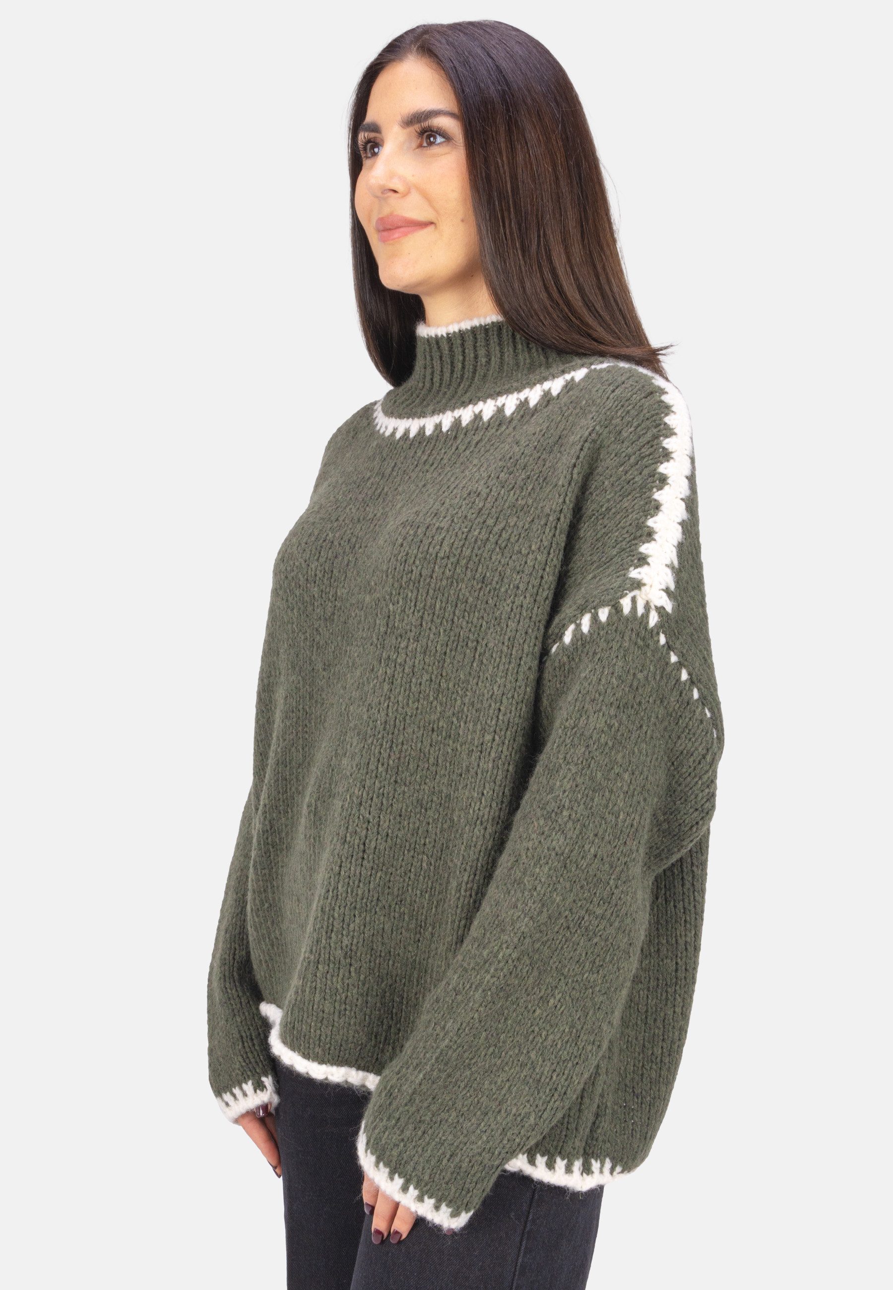 Seasons of April V-Ausschnitt-Pullover JOLIE Damen Strickpullover mit Stehkragen und Farbakzenten