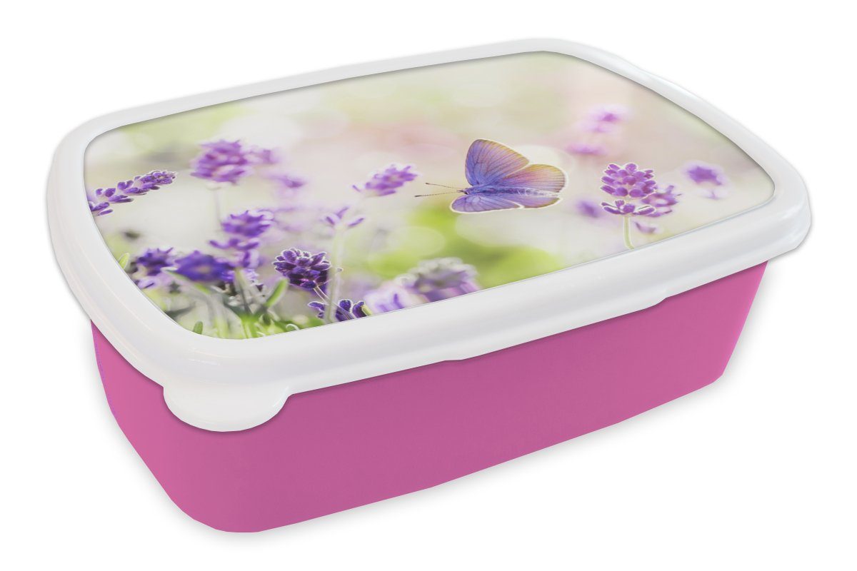 MuchoWow Lunchbox Lavendel - Schmetterling - Blumen, Kunststoff, (2-tlg), Brotbox für Erwachsene, Brotdose Kinder, Snackbox, Mädchen, Kunststoff rosa | Lunchboxen