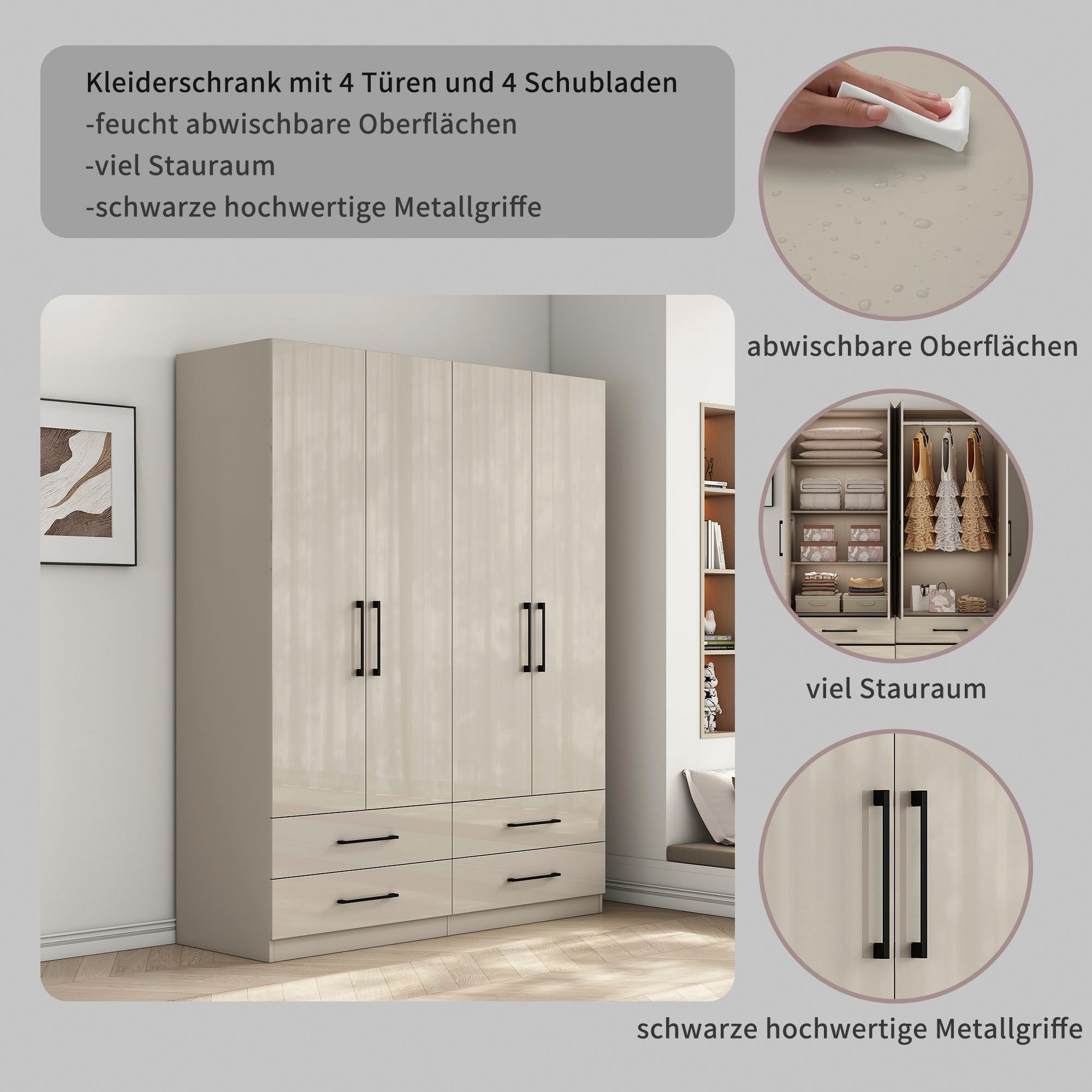 OTTO home Kleiderschrank Sylt Schlafzimmerschrank Garderobe Schrank hochglanz (Drehtürenschrank mit 4 Schubladen und 4 Türen) Schrank in Breite 160 mit viel Stauraum