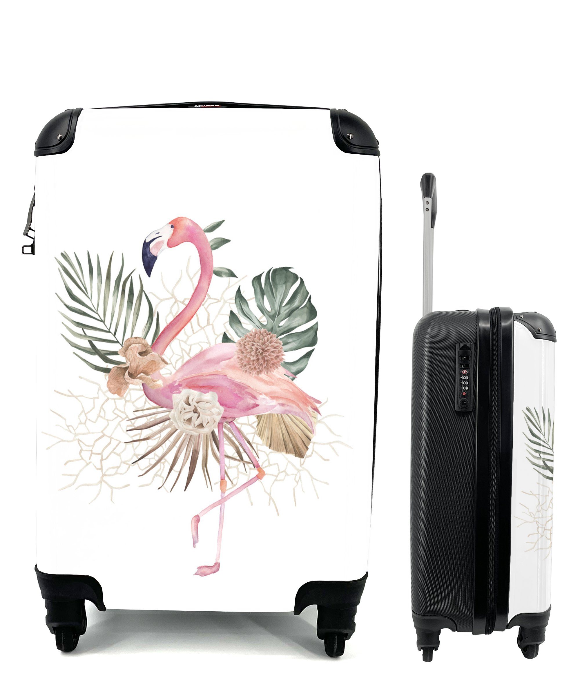 MuchoWow Handgepäckkoffer Pflanzen - Flamingo - Blumen, 4 Rollen, Reisetasche mit rollen, Handgepäck für Ferien, Trolley, Reisekoffer