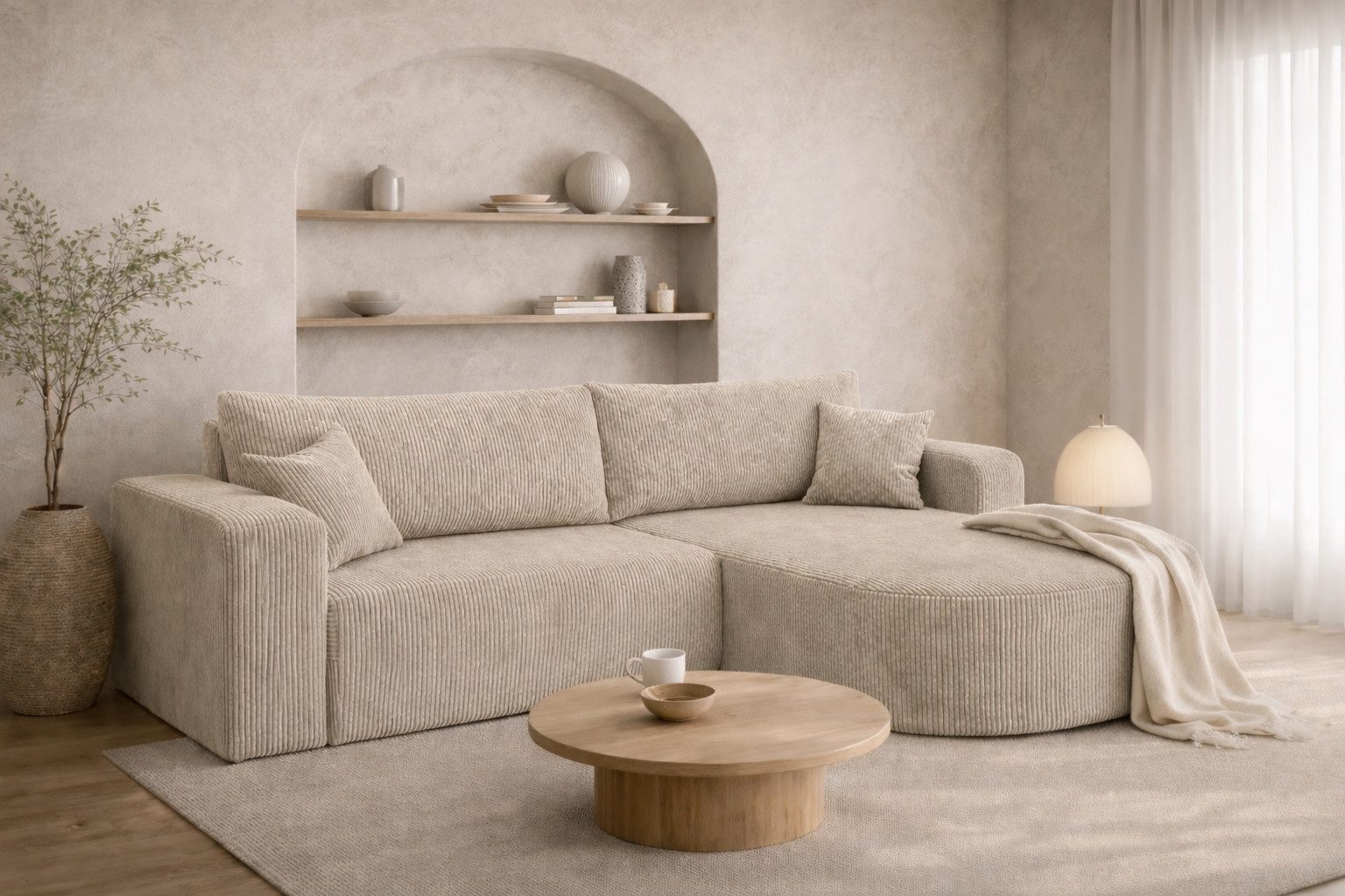 Kaiser Möbel Ecksofa mit Schlaffunktion für Wohnzimmer, Cordstoff Poso, ROUND ONE, abgerundete Form, Liegefunktion, Stauraum, modernes Design