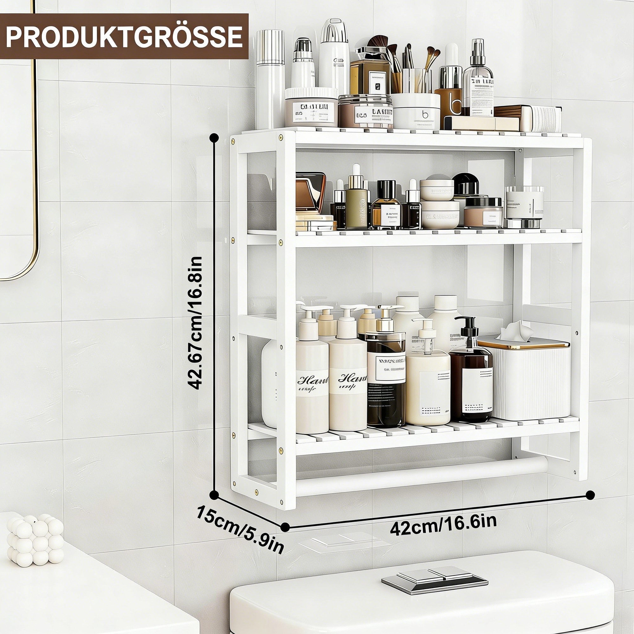 BlingBin Badregal Badezimmerregal Bambus 3 Ebenen, Wandregal Organizer, Standregal, Handtuchhalter, Hängestange für Badezimmer 1-tlg., verstellbare Schicht, schwebender Wandständer oder Ständer mit Stange