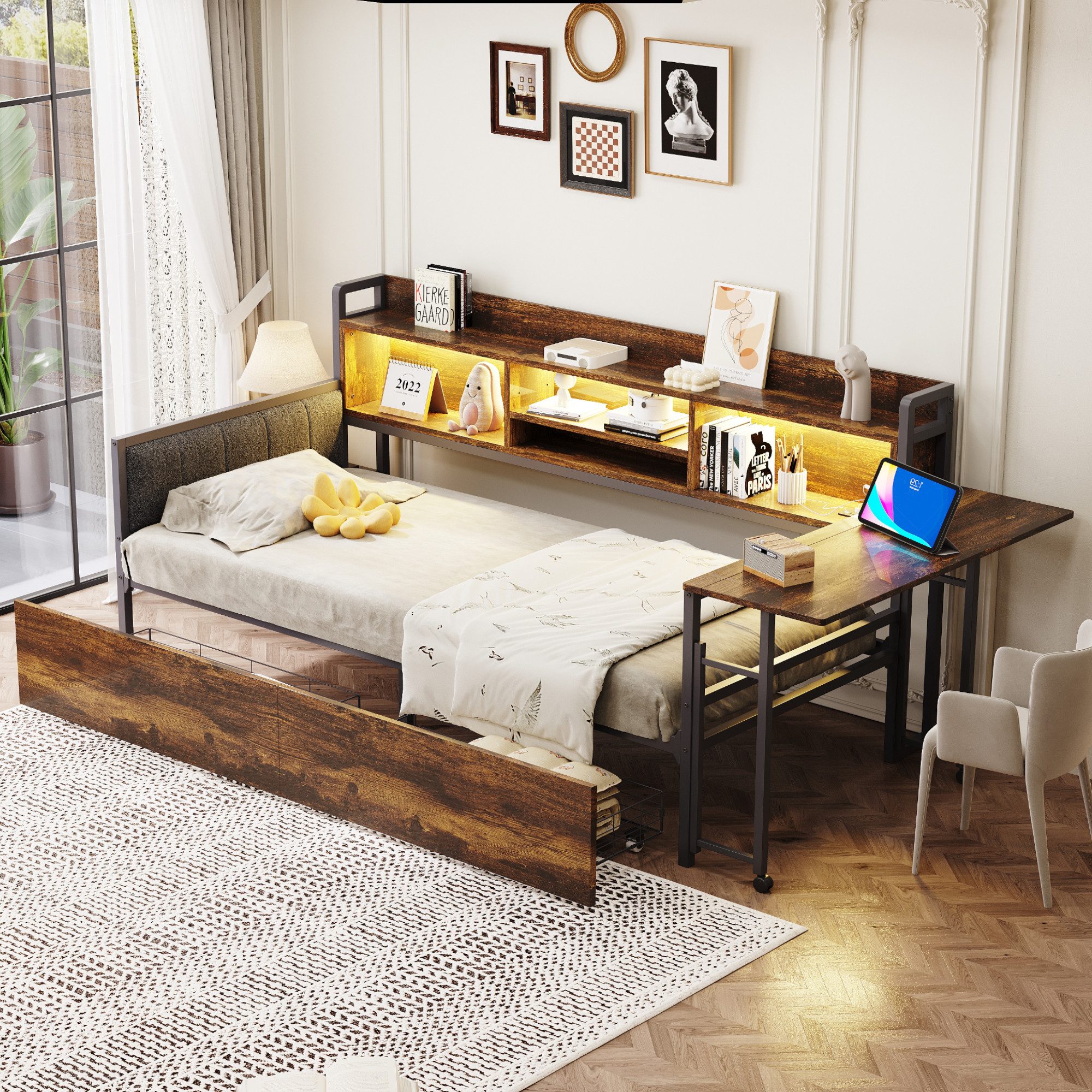 Flieks Daybett, Metallbett Kinderbett 90x200cm mit LED Aufladen Schubladen günstig online kaufen