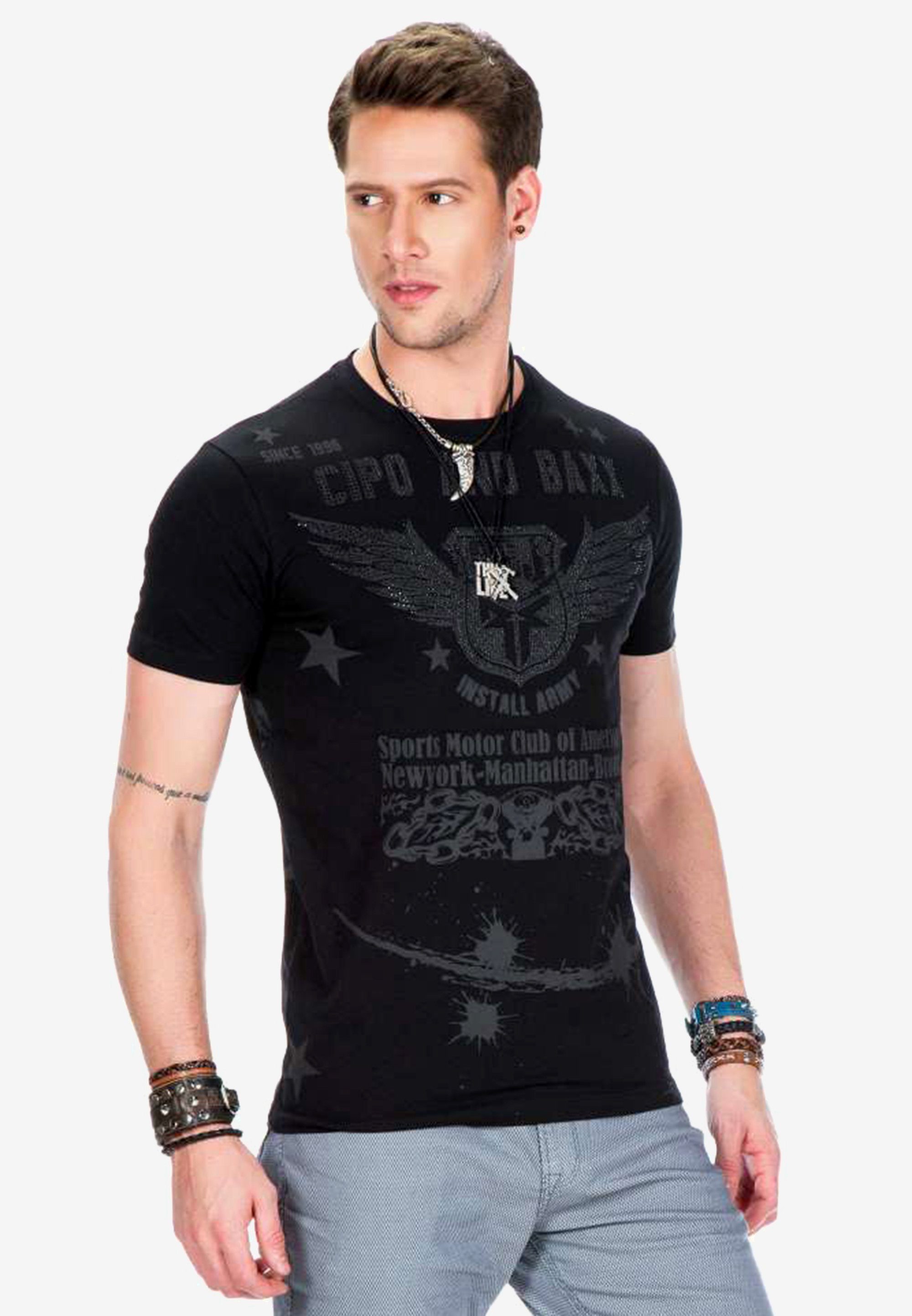 Print T-Shirt Bikerstil mit coolem schwarz & im Baxx Cipo