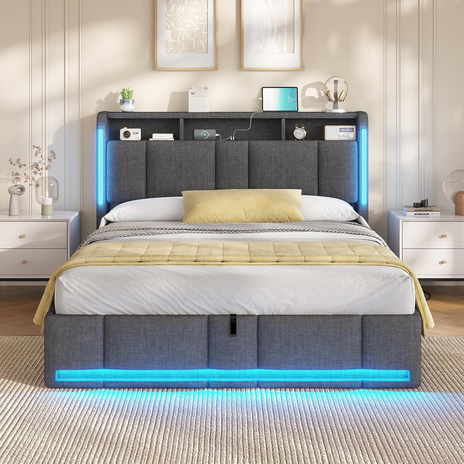 MSMASK Polsterbett Hydraulischem Stauraumbett mit LED Beleuchtung & Steckdosen (1-tlg., Ohne Matratze), Reichlich Lagerplatz unter dem Bett & am Kopfteil, 140x2 – Bild 5 von 5