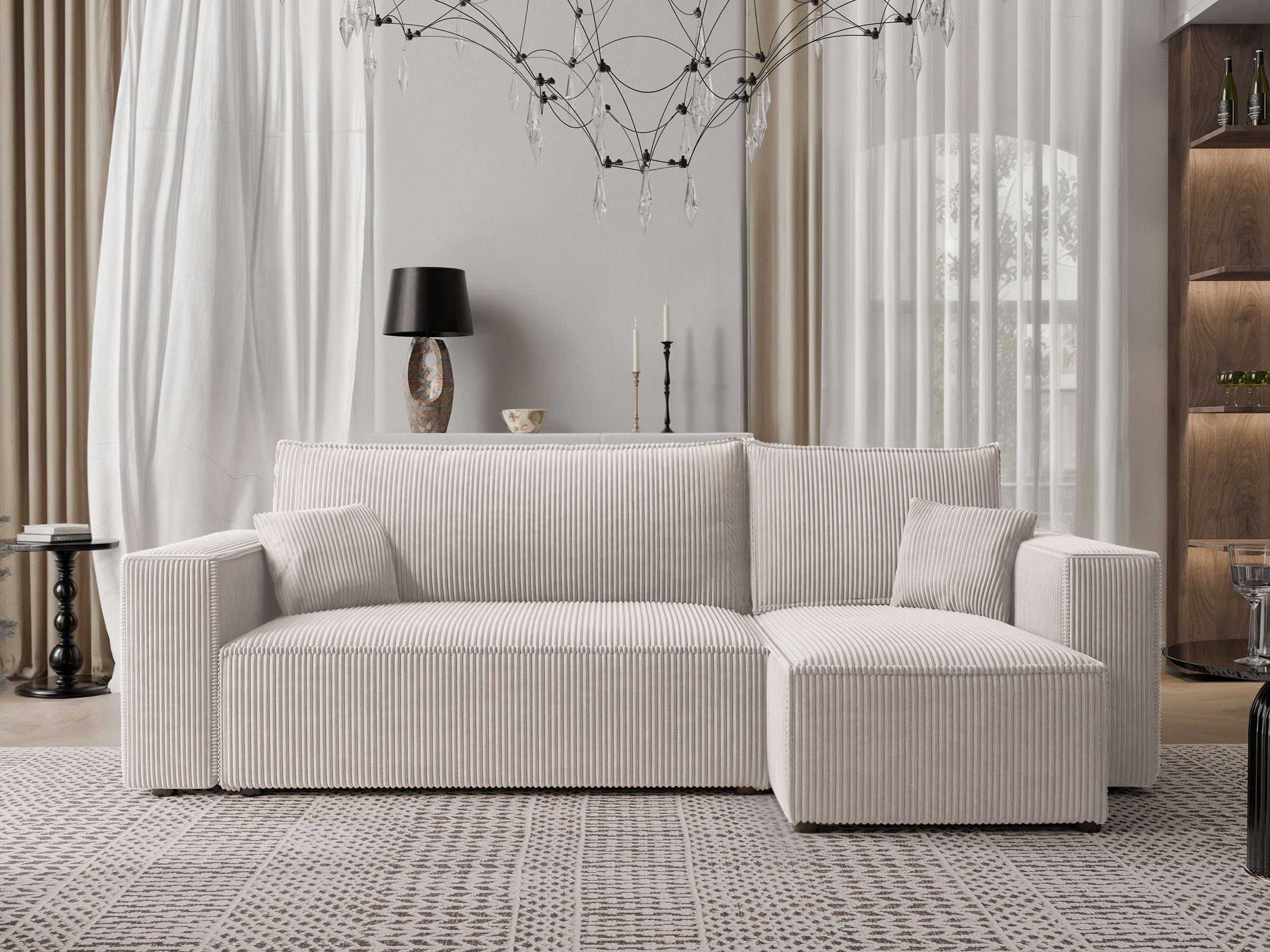 yourhouse24 Ecksofa PARIS L Kompakte Design – Trend-Bezug, Schlaffunktion & Bettkasten, mit Schlaffunktion und Bettkasten, Seite universal