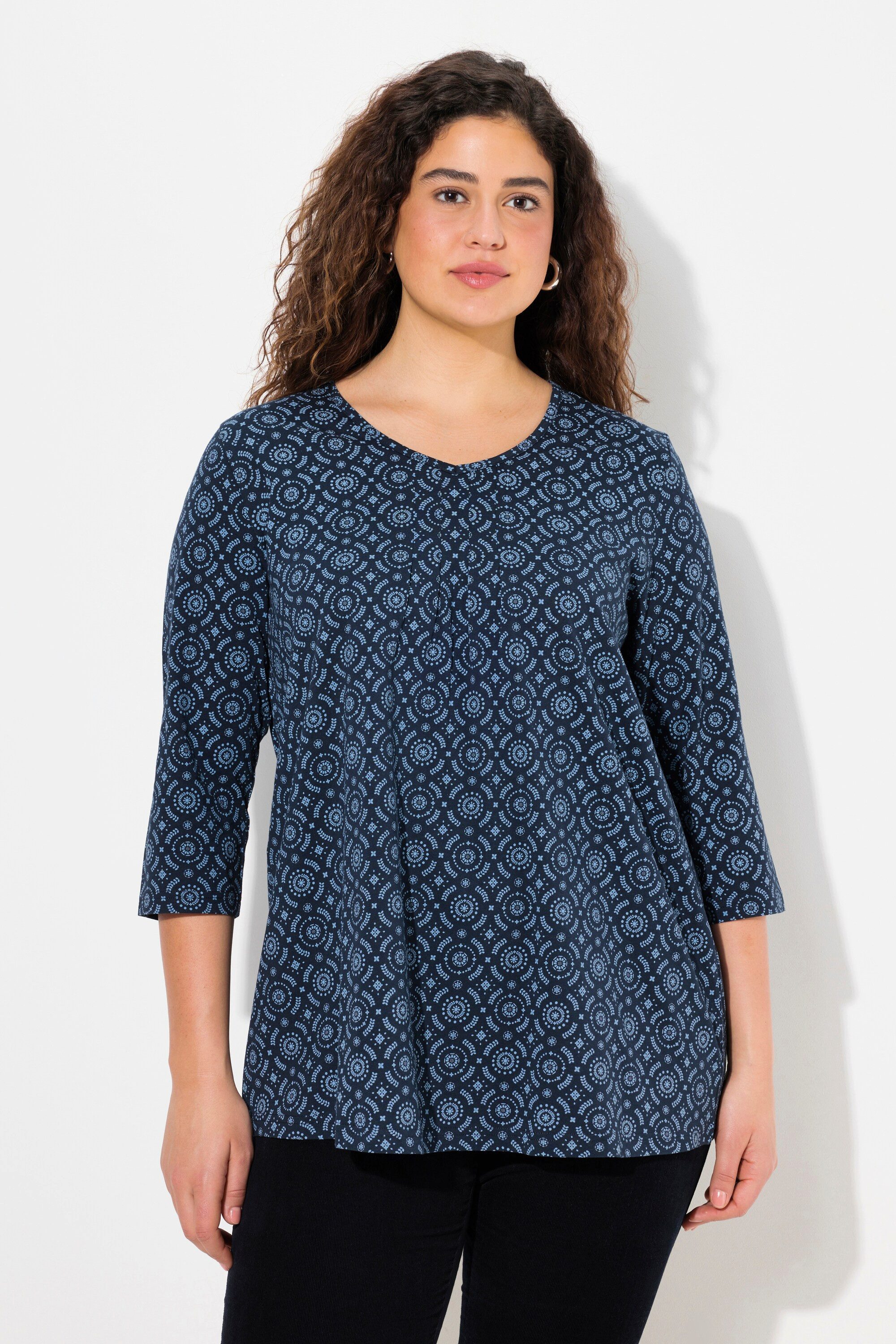 T-Shirt Shirt A-Linie Zierfalten V-Ausschnitt 3/4-Arm