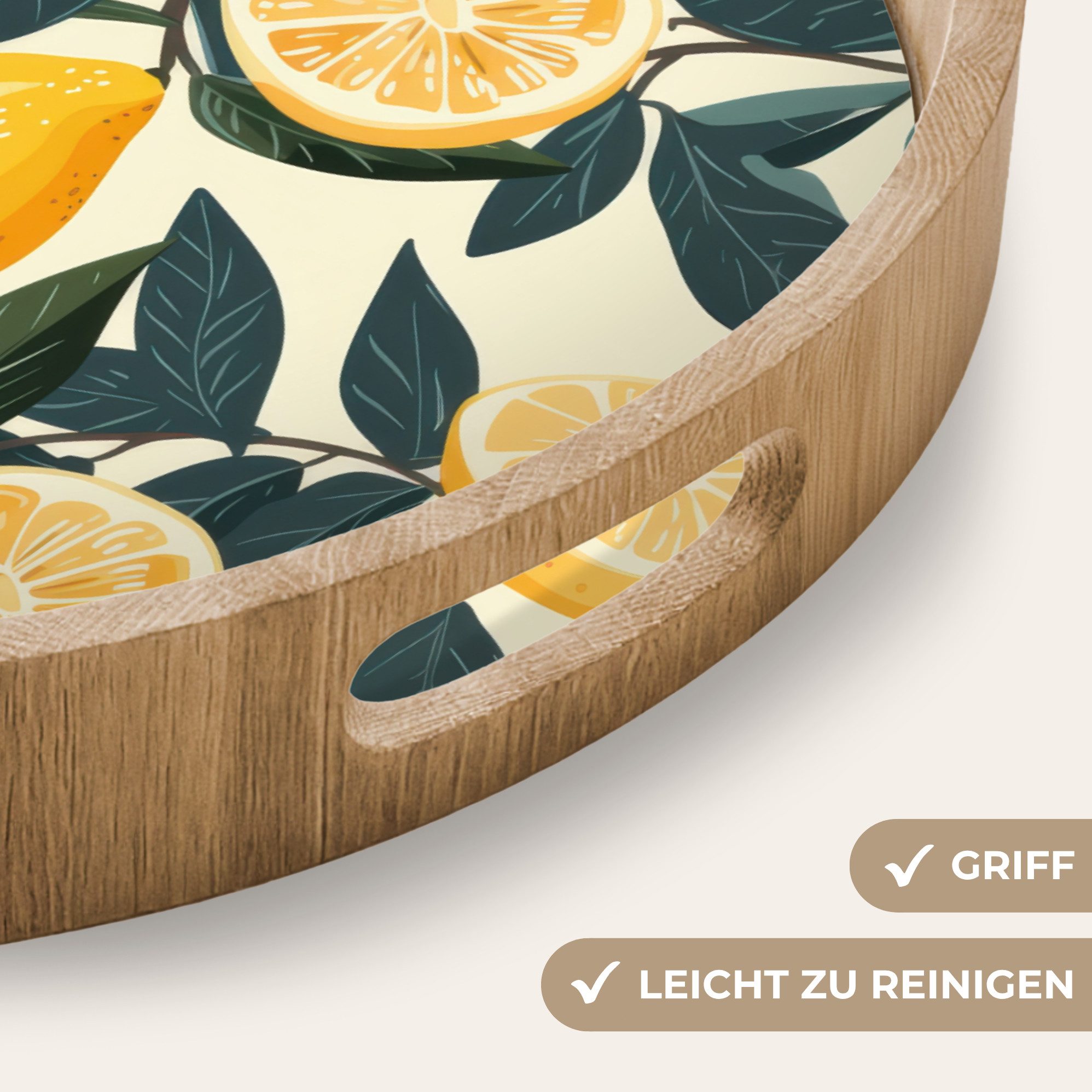 OnlyWow Tablett Rund mit Henkel Zitronen - Früchte - Blätter - Gelb - Grün - Beige, Eichenholz, (1-tlg), Servierbrett Groß, Tischdeko, Platte, Tisch Deko