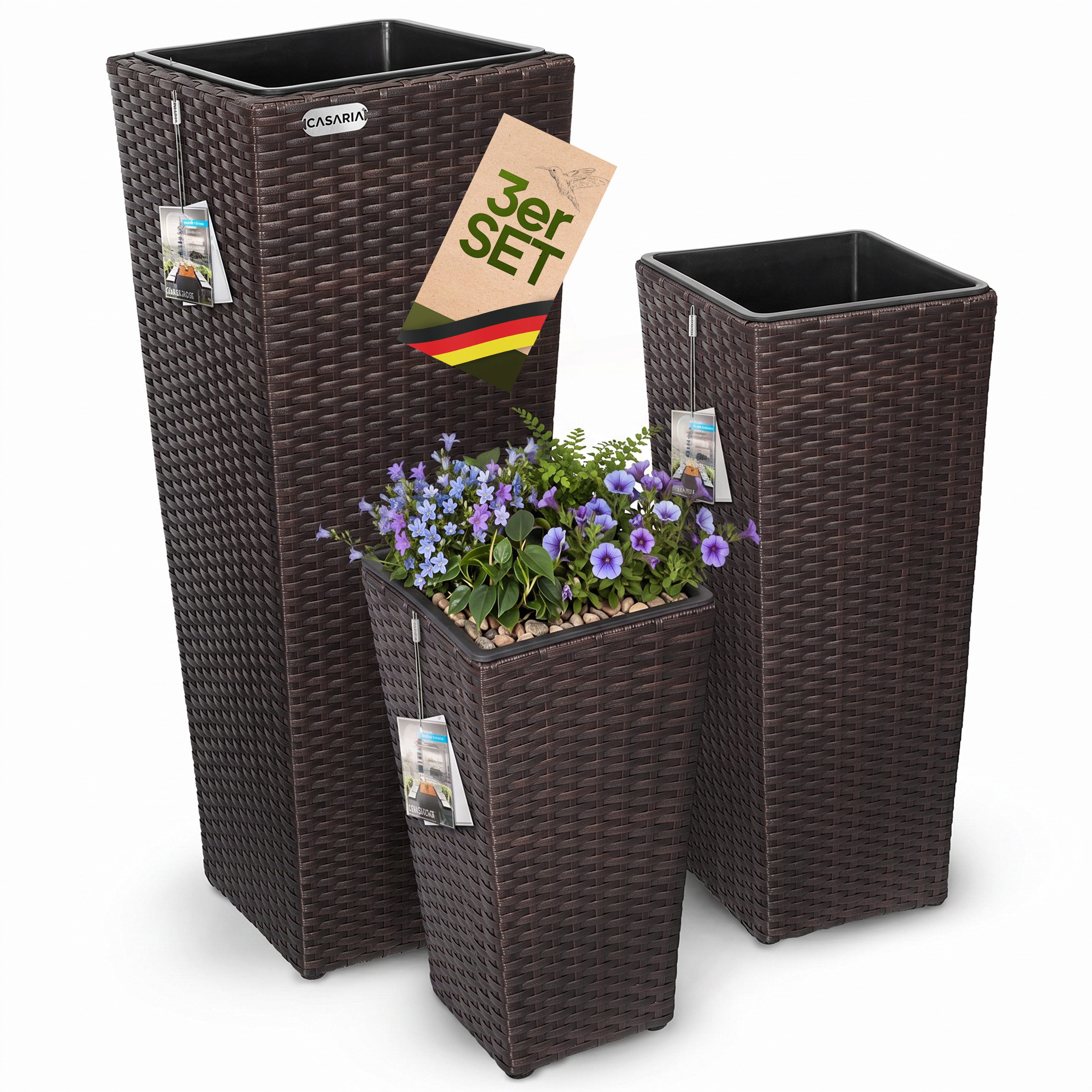 Casaria Pflanzkübel, Casaria Blumentopf 3er Set Polyrattangeflecht Übertopf Wasserabfluss