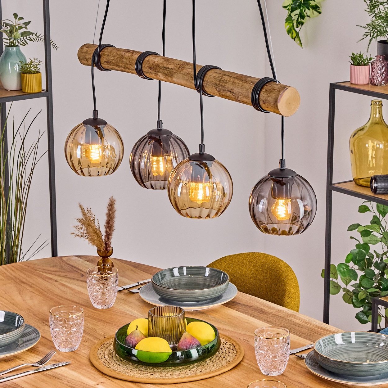 Pendelleuchte Hängelampe aus Metall/Holz/Riffelglas in Schwarz/Natur/Rauch/Bernstein