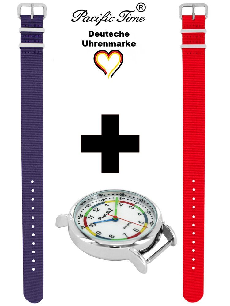 Match First Quarzuhr violett - und Set rot Design Gratis Wechselarmband, Armbanduhr Time Kinder Pacific Versand Mix Lernuhr und