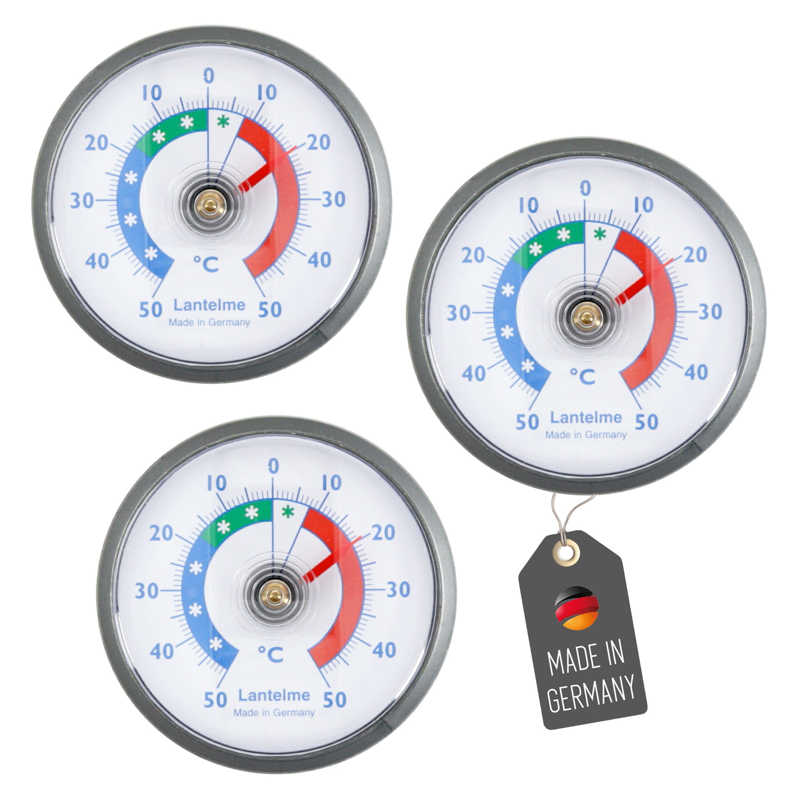 Lantelme Kühlschrankthermometer 3 Stück Selbstklebend Gefrierschrank Kühltheke Kühlschrank Thermometer, 3-tlg., 3 Stück im Set, Farbauswahl, Klebepads anbei, Deutsche Herstellung, Temperaturanzeige + - 50°C Analog