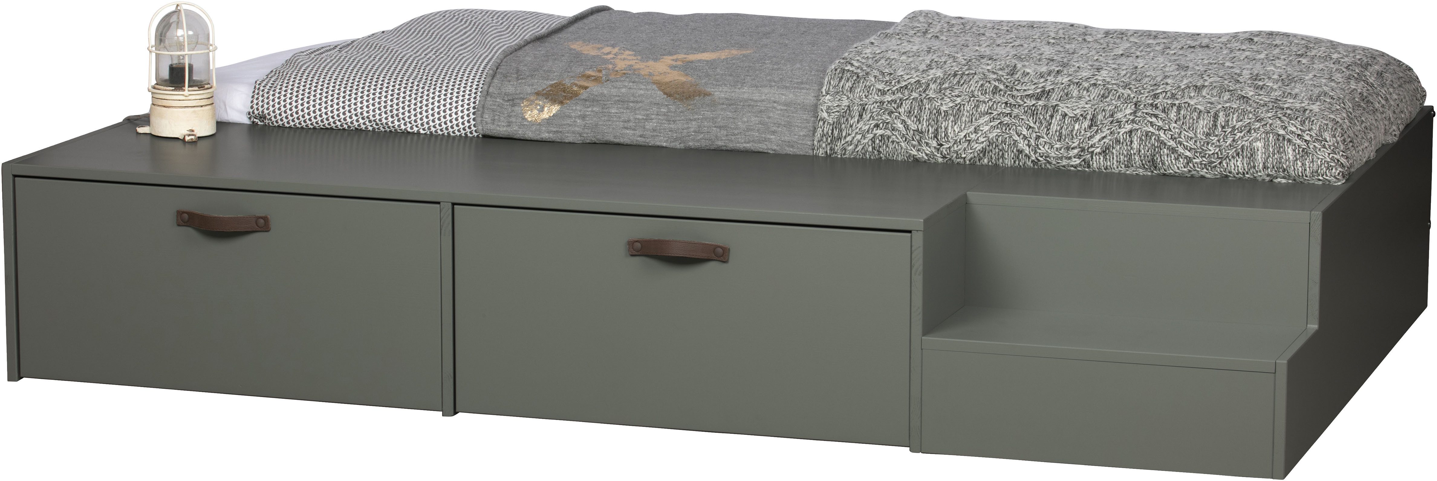 WOOOD Stauraumbett Stage Massivholz FSC®-Kiefernholz mit Trittstufen 204 x 131 x 35 cm, Rollauszüge mit Ledergriff, breite Holzkante, Matratzenmaß 80x200 cm