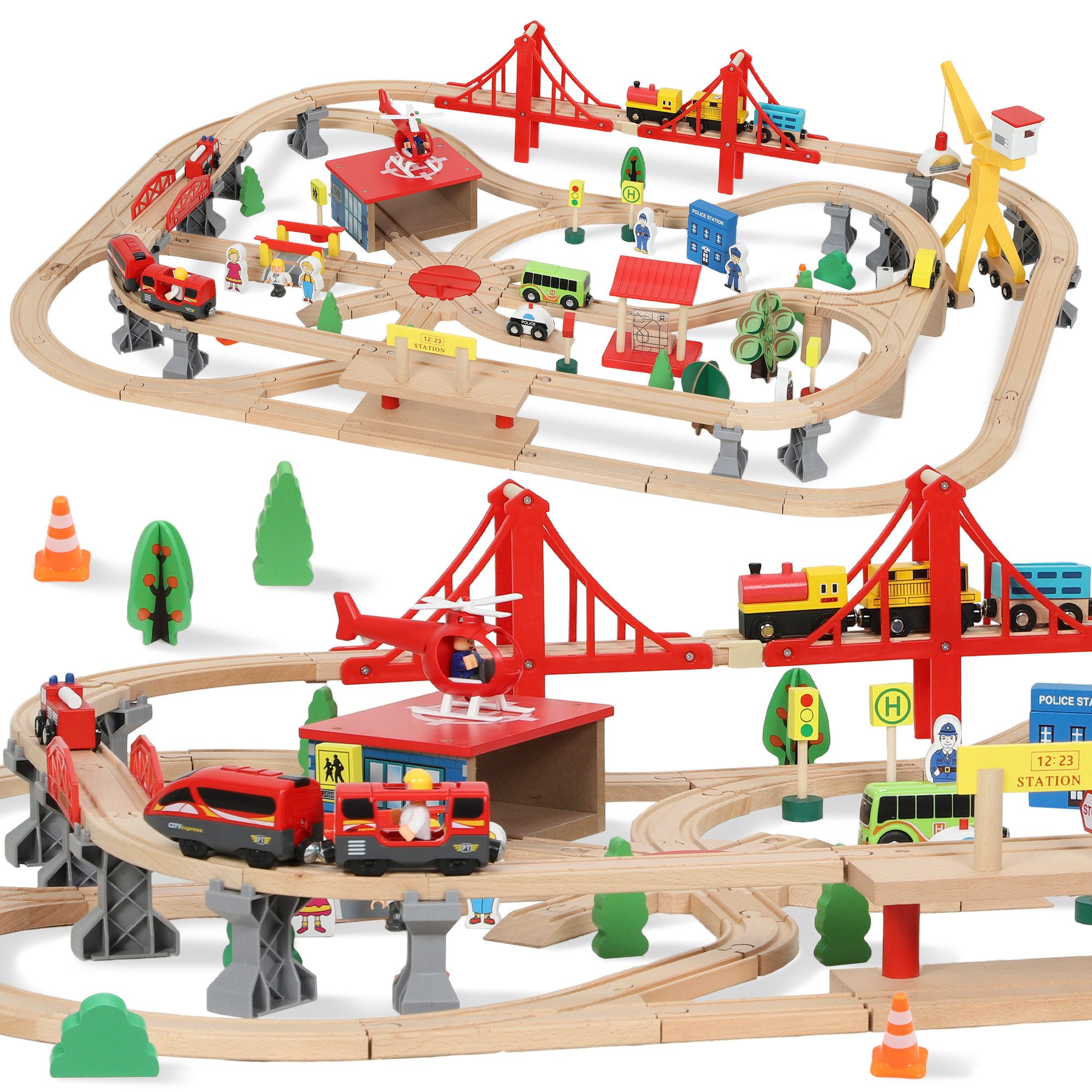 AIYAPLAY Spielzeugeisenbahn-Set Grundplatte und Brücke, Spur nicht anwendbar, (Set, 1-tlg., 133-tlg. Holzeisenbahnset, 850 cm Schienen), E-Lok vor,zurück, Kran, Aufbewahrungsbox