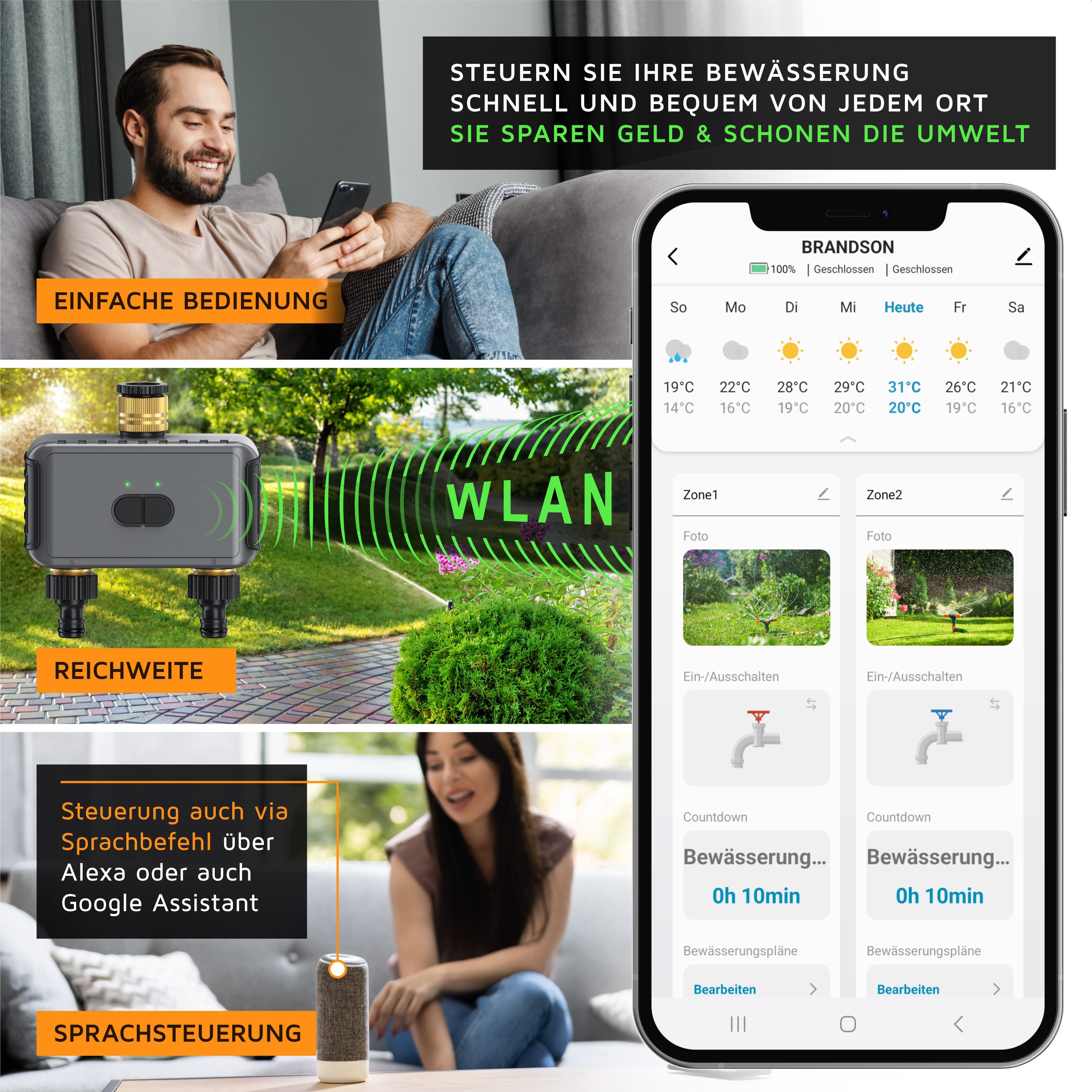 Brandson Bewässerungscomputer Smart, APP, WLAN, 2-Zonen Bewässerungssystem, Garten Bewässerungstimer, (Set, inkl. Adapter-Set & Dichtungsband), Automatische Bewässerung, Tuya Smart, Alexa/Google, Regenverzögerung
