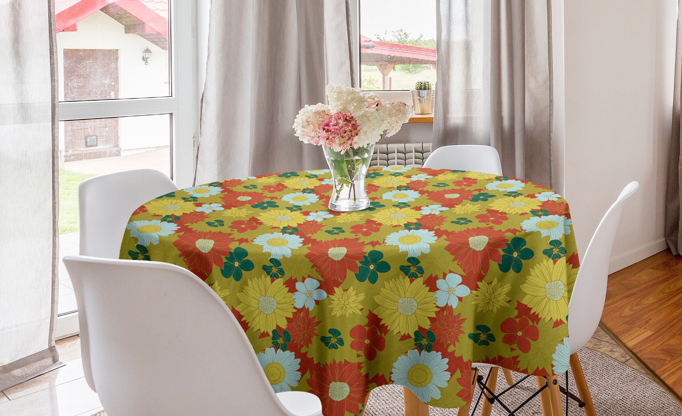Abakuhaus Tischdecke Kreis Tischdecke Abdeckung für Esszimmer Küche Dekoration, Blumen Chrysanthemum und Lily