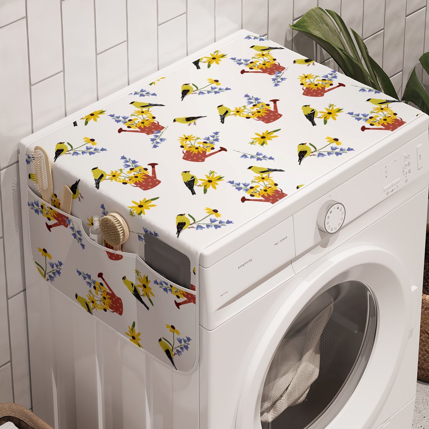 Abakuhaus Badorganizer Anti-Rutsch-Stoffabdeckung für Waschmaschine und Trockner, Blumen Gießkannen mit Vögeln