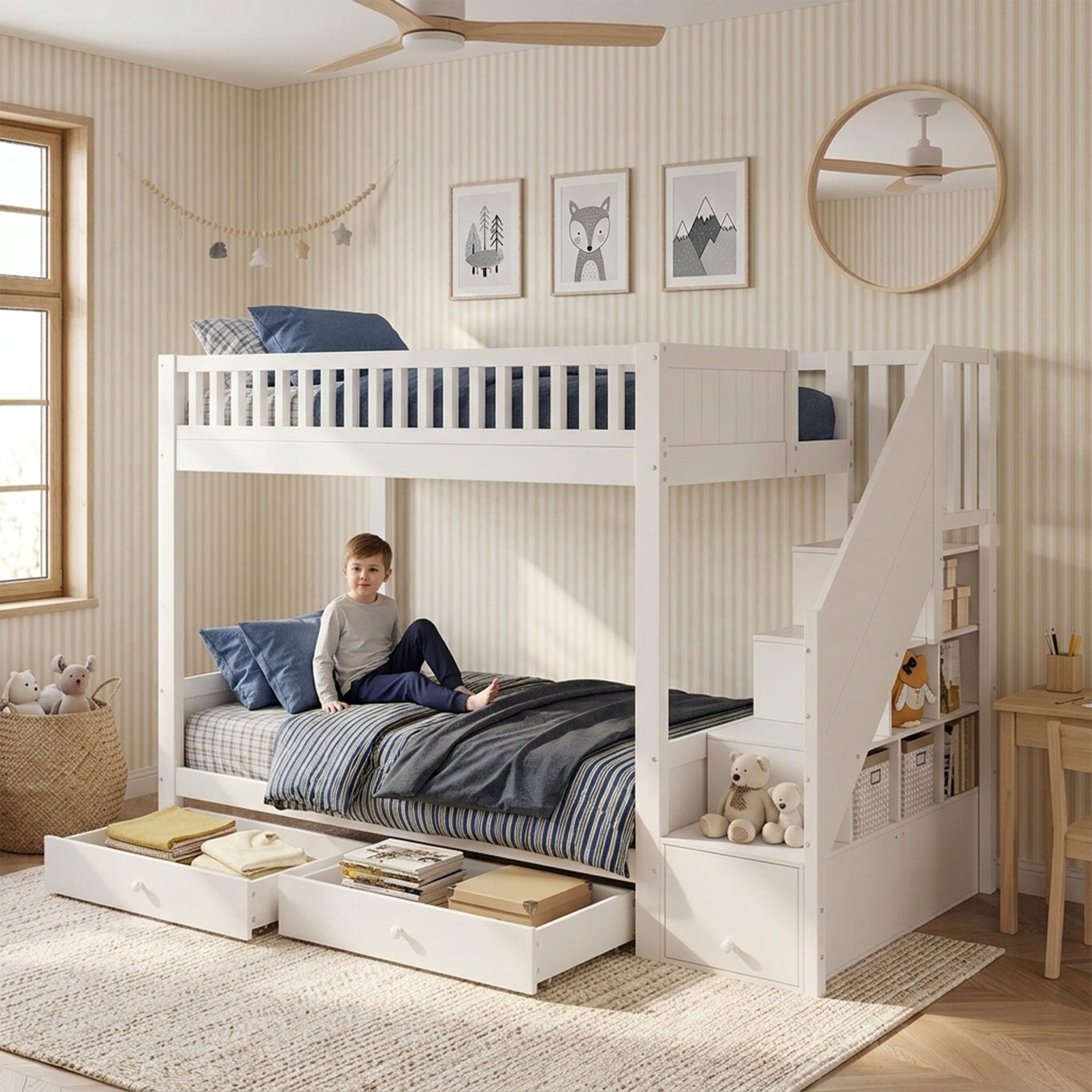 i@home Etagenbett Kinderbett 90x200 cm, Hochbett Stockbett mit Stauraumtreppe, Weiß, platzsparendes Hochbett für 2 Kinder,mit Rausfallschutz, Bett aus Holz