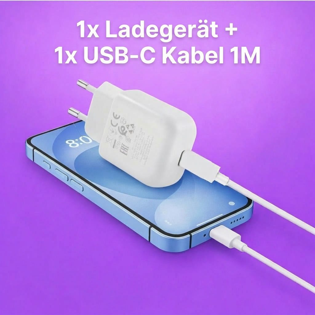 VEEV 10W Ladegerät USB C für iPhone und Samsung + 1 Meter Kabel Smartphone-Ladegerät (2000 mA, Spar-Set, 2-tlg., Kompatibel mit iPhone 17 Max Pro, iPhone 17/16/15, 1x Adapter 10 Watt + 1x Ladekabel USB-C auf USB-C)