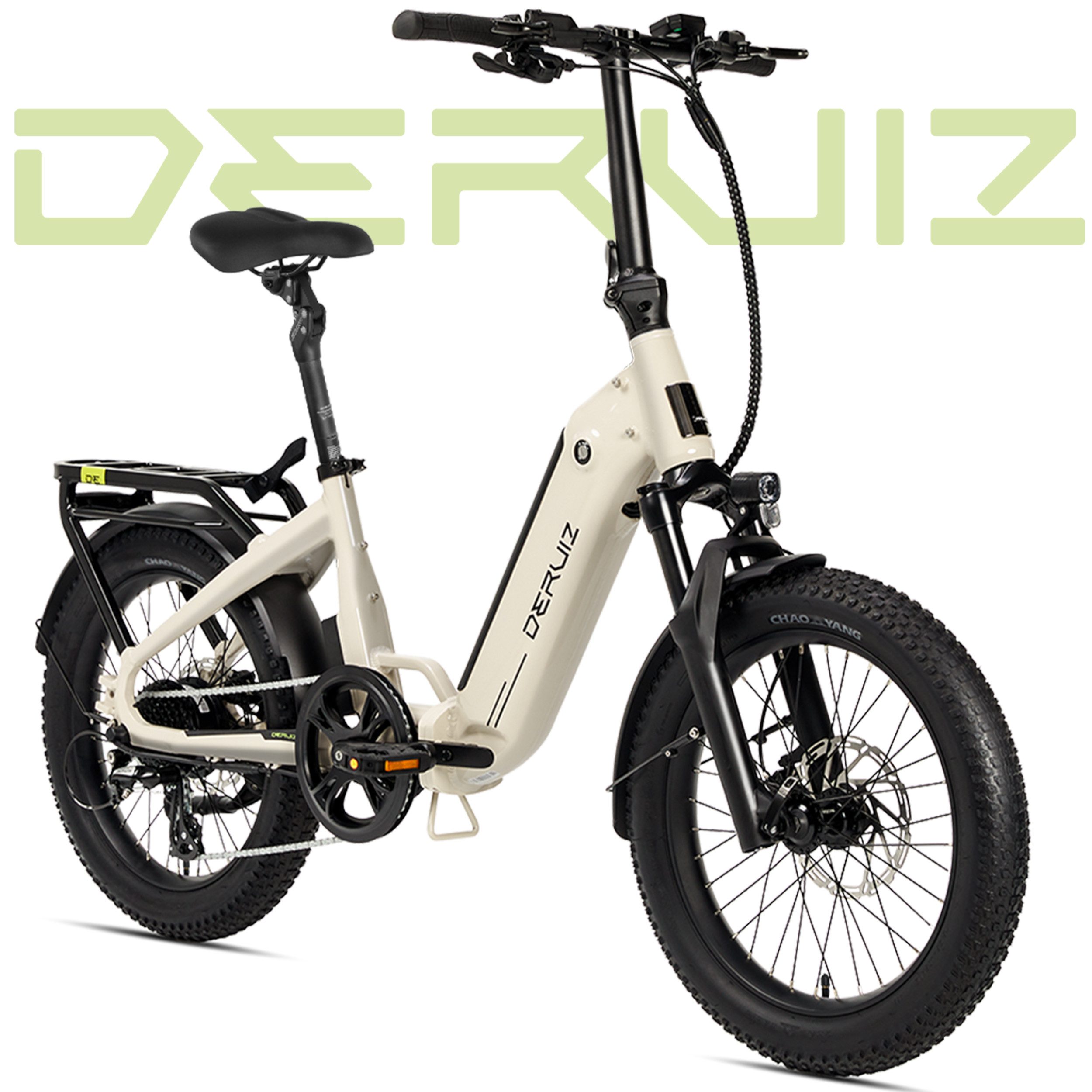 DERUIZ E-Bike Klapprad 20x3,0 Zoll, max. 140km, Federsattelstütze, mit Bluetooth, 5 Stufen, 8 Gang SHIMANO SHIMANO ALTUS 11-32T Schaltwerk, Kettenschaltung, Heckmotor, 500 Wh, (mit Akku-Ladegerät, mit Werkzeug), RH:36cm, Bremslicht, Gepäckträger (max.50kg), hydraulische Bremsen