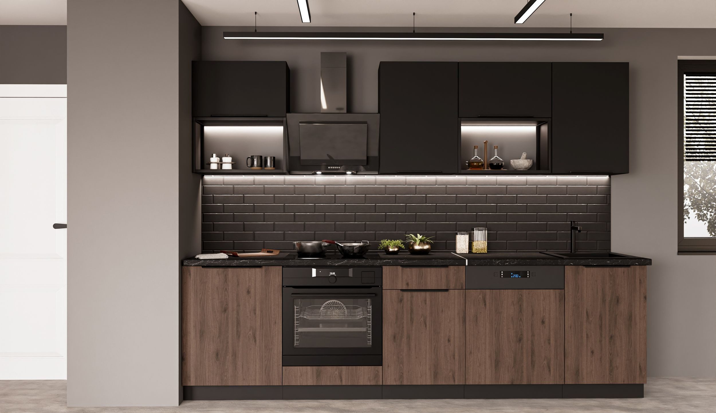 Küchen-Preisbombe Küchenzeile MONZA + SIENA BASIC LOFT 280 Küchenblock Küche Nussbaum Schwarz matt