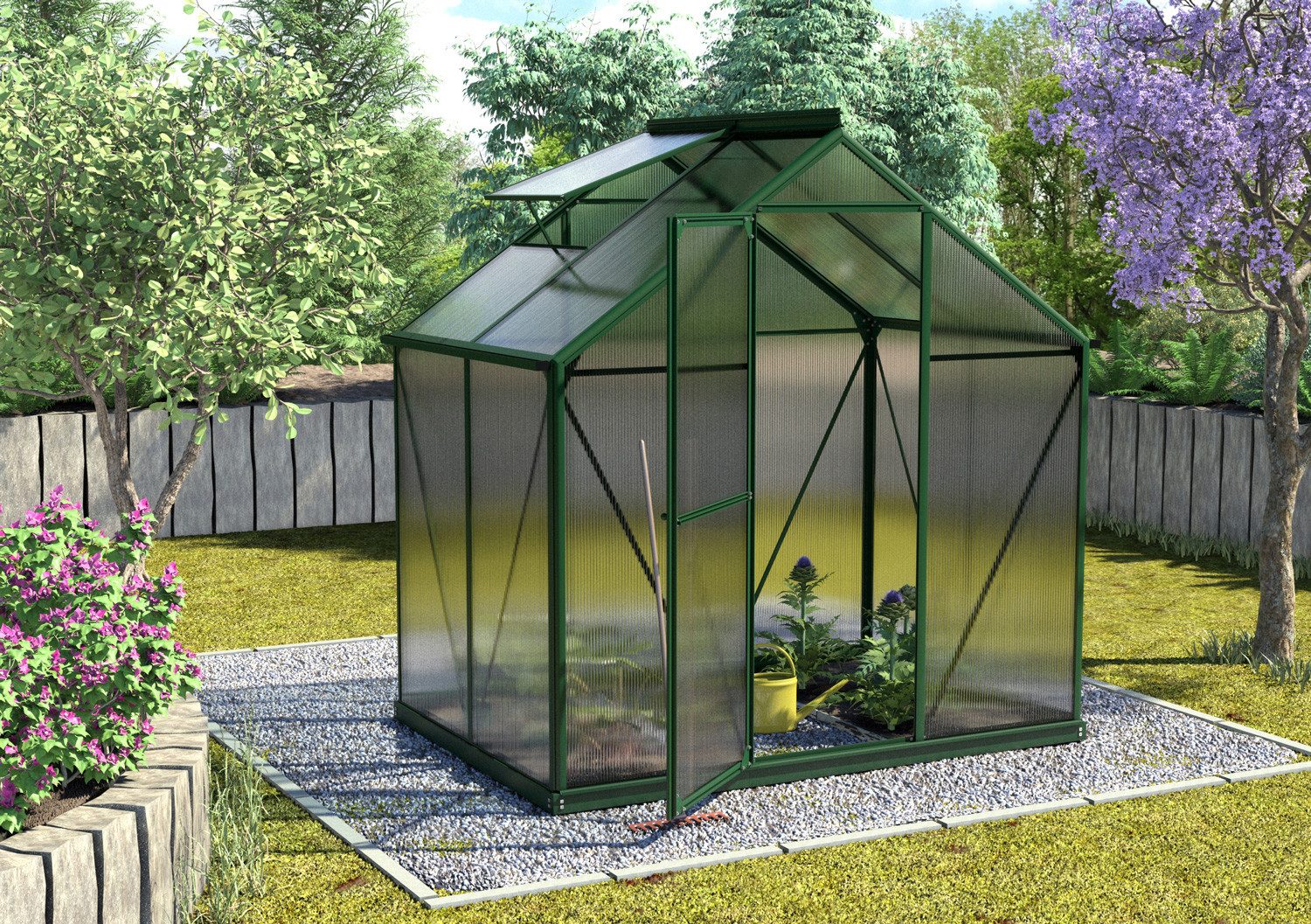 Vitavia Gewächshaus Triton 2500, 4 mm Wandstärke, mit 4 oder 6 mm HKP, mit Regenrinne I Schiebe- und Schwingtür in einem