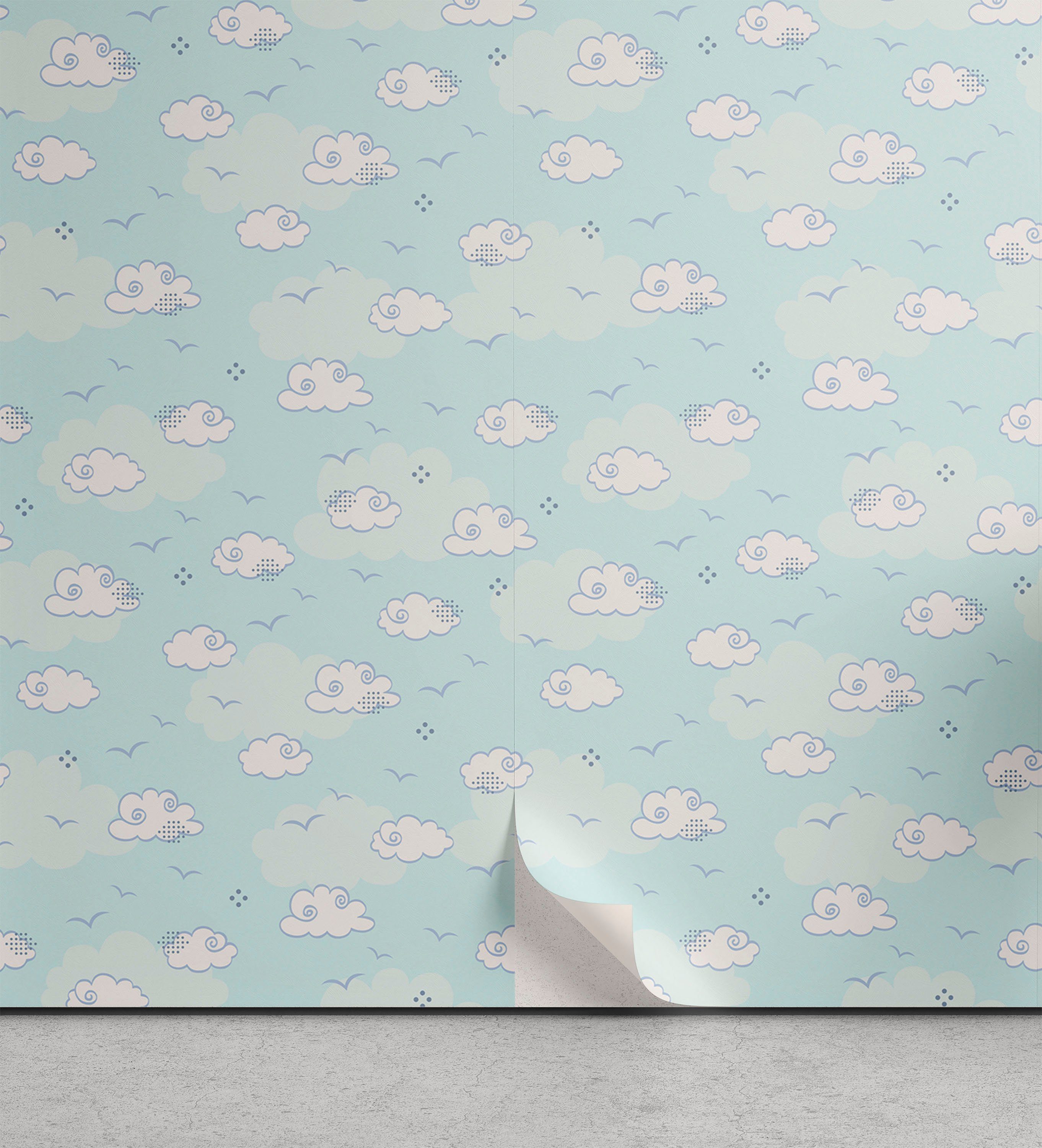 Abakuhaus Vinyltapete selbstklebendes Wohnzimmer Küchenakzent, Kindergarten Himmel mit Wolken und Vögeln