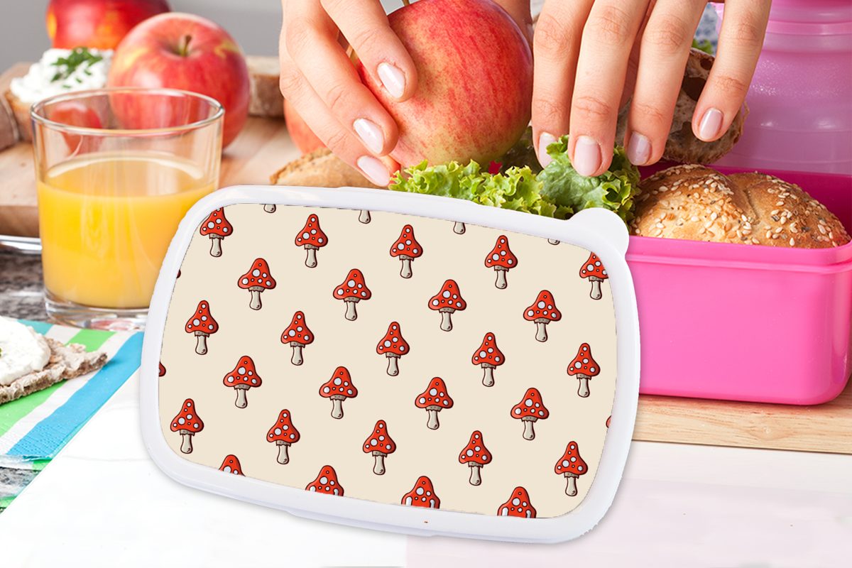Pilz Muster (2-tlg), Snackbox, MuchoWow Lunchbox - - - Brotdose Herbst Rot, Kunststoff, Kunststoff Mädchen, rosa für Erwachsene, Brotbox Kinder,