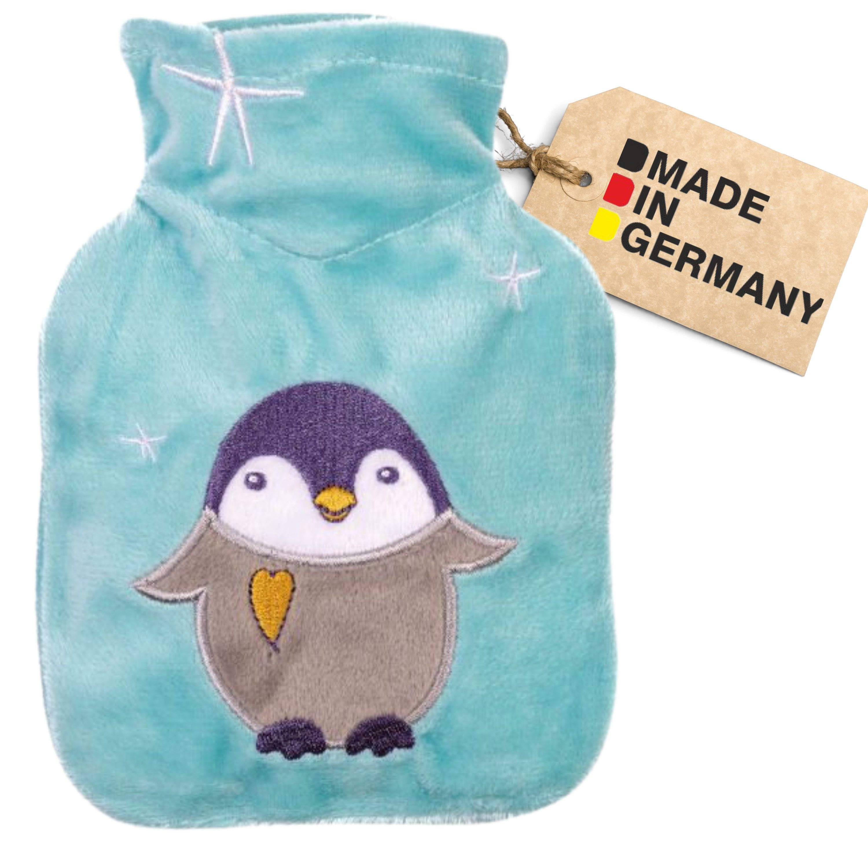 Hugo Frosch Wärmflasche Mini 0,2l Veloursbezug eisblau Pinguin, Made in Germany