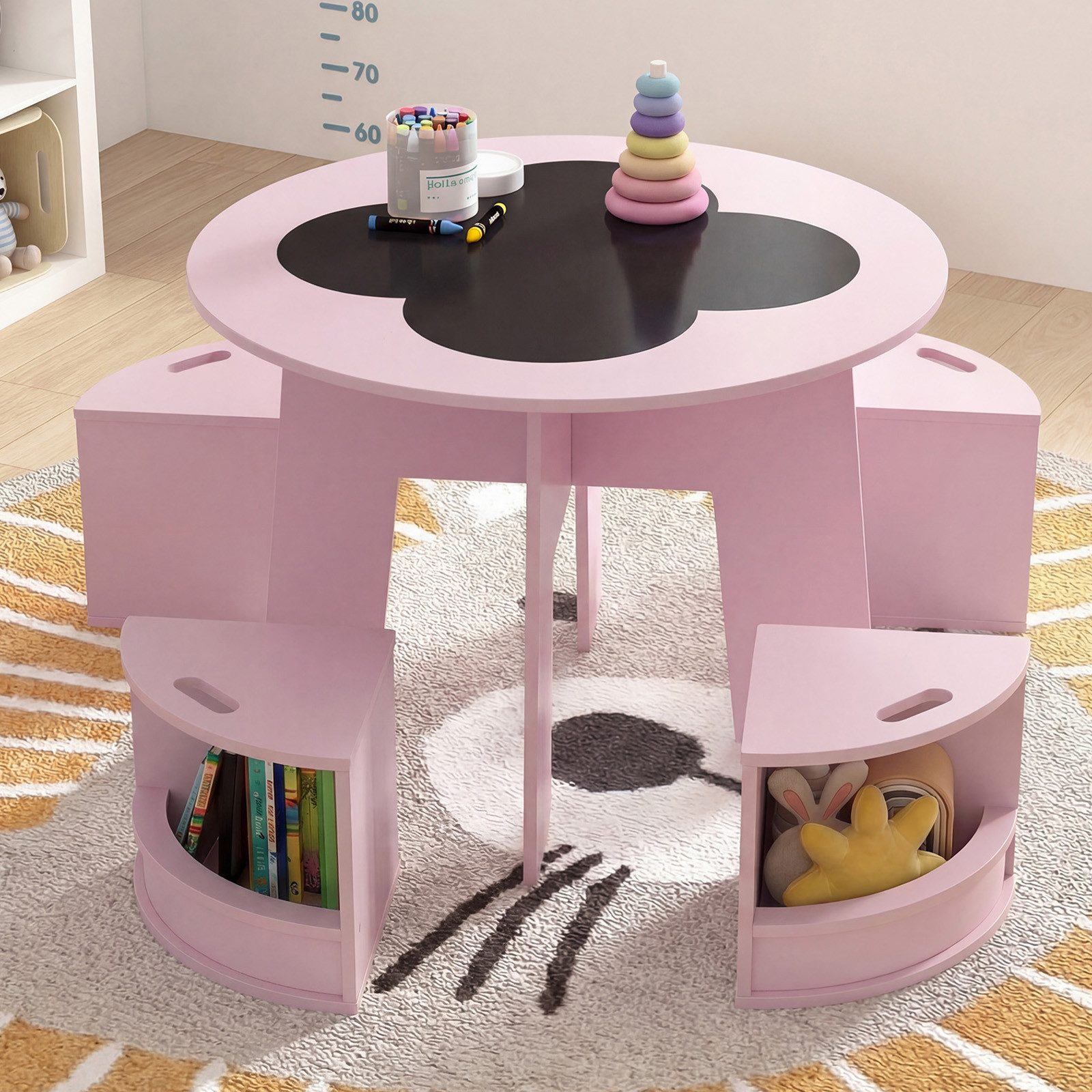 COSTWAY Kindersitzgruppe, (5-tlg., 5 tlg), Kindertisch & 4 Stühle mit Stauraum, platzsparend