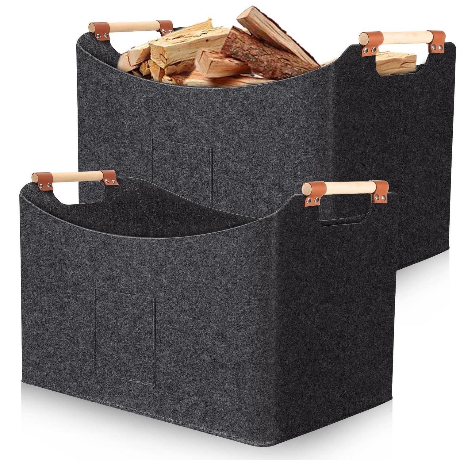 LuxusKollektion Kaminholzkorb Feuerholzkorb 2er Set Filz Anthrazit Holzgriffe (2 St)