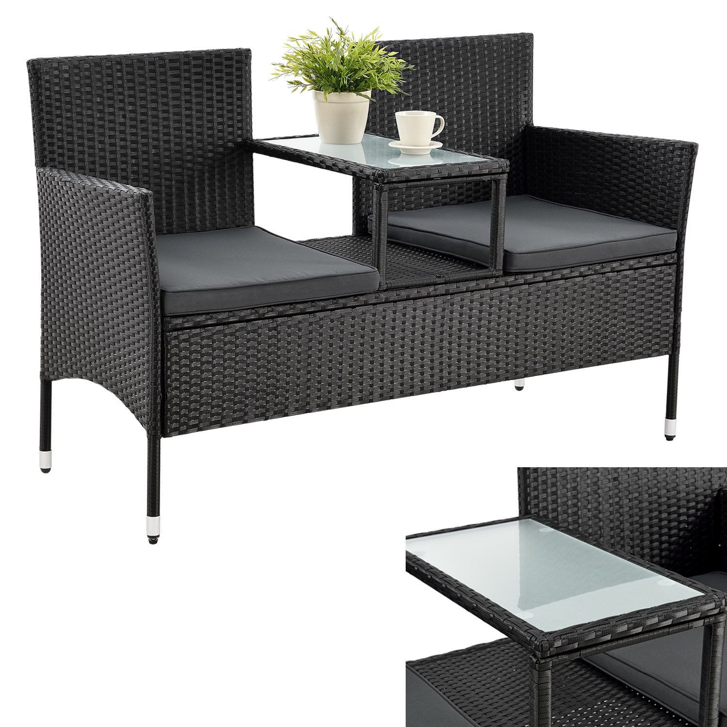 Juskys Balkonset Monaco, Balkonmöbel in Rattan-Optik, Polyrattan 2-Sitzer mit Tisch & Kissen