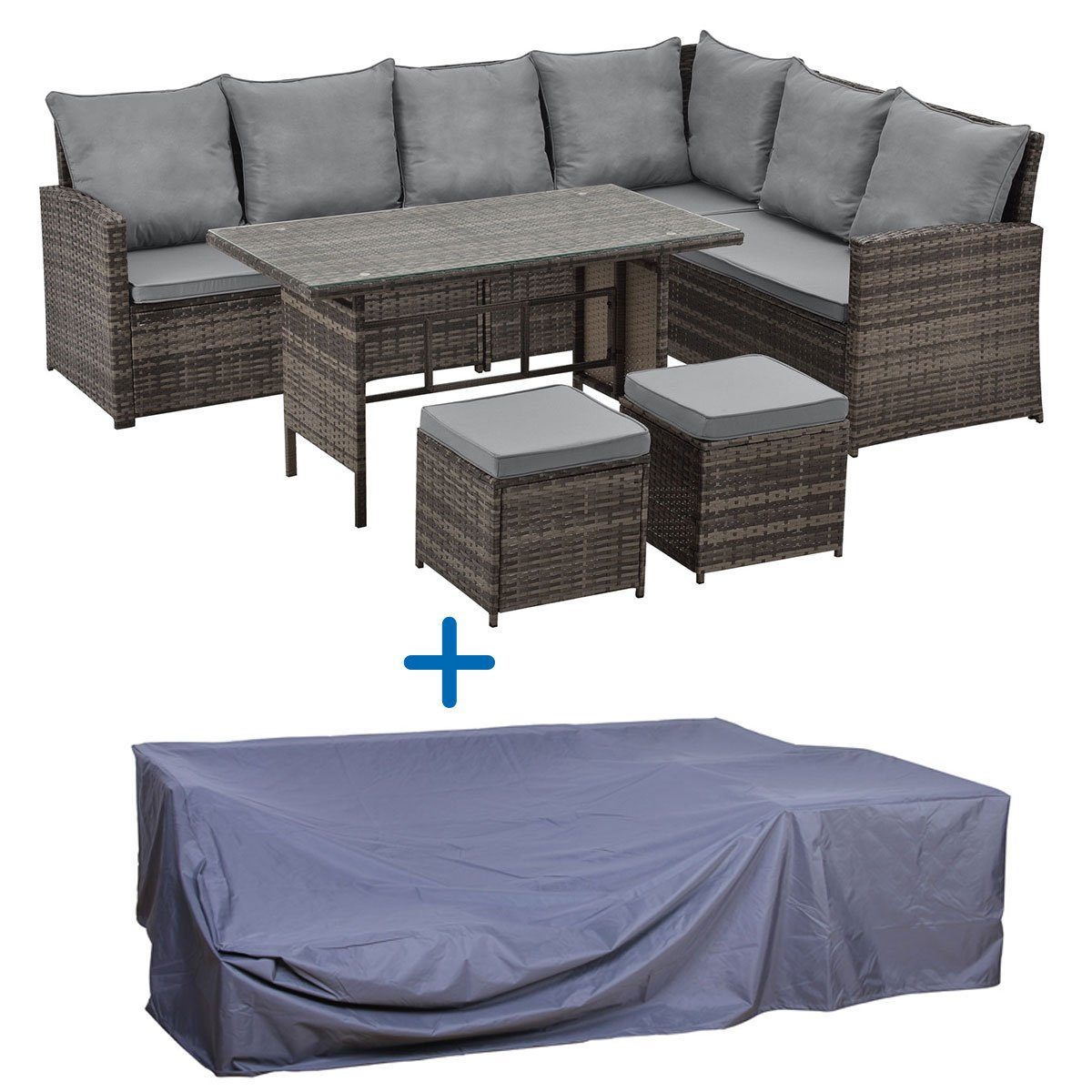 SVITA Gartenlounge-Set MONROE, (Set, 1 Tisch, 1 dreiteiliges Sofa, 2 Hocker, passende Wetterschutzplane), Outdoor, Sitzecke, mit Wetterschutzhaube, Polyrattan, Braun