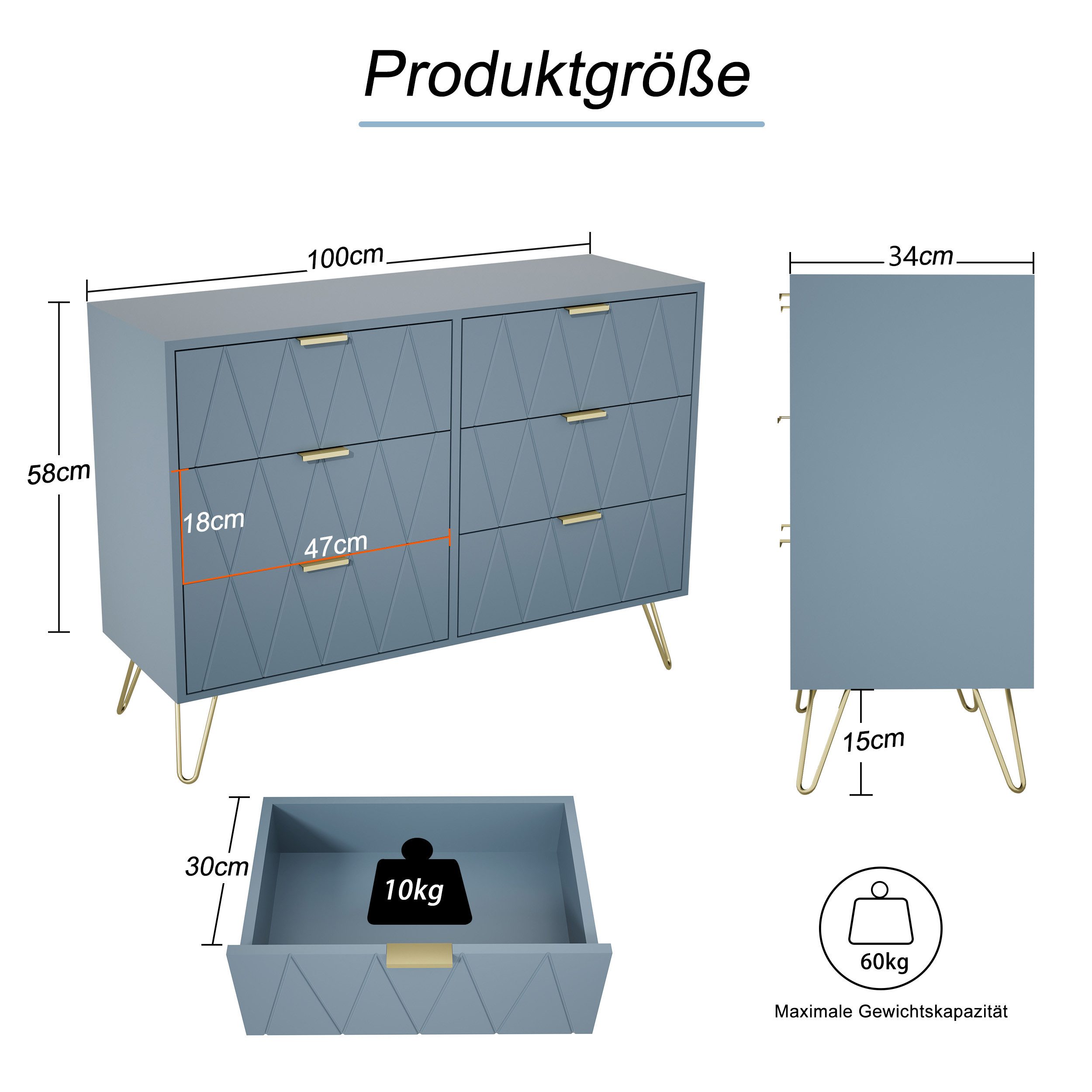 UEV Kommode mit 6 Schubladen, Sideboard für Wohnzimmer Schlafzimmer (Highboard, Sideboard mit Schubladen, Schmal kommode, 100 x 34 x 73 cm Mehrzweckschrank), Küchenschrank Buffet TV Board Schrank mit Füße Aufbewahrungsschrank