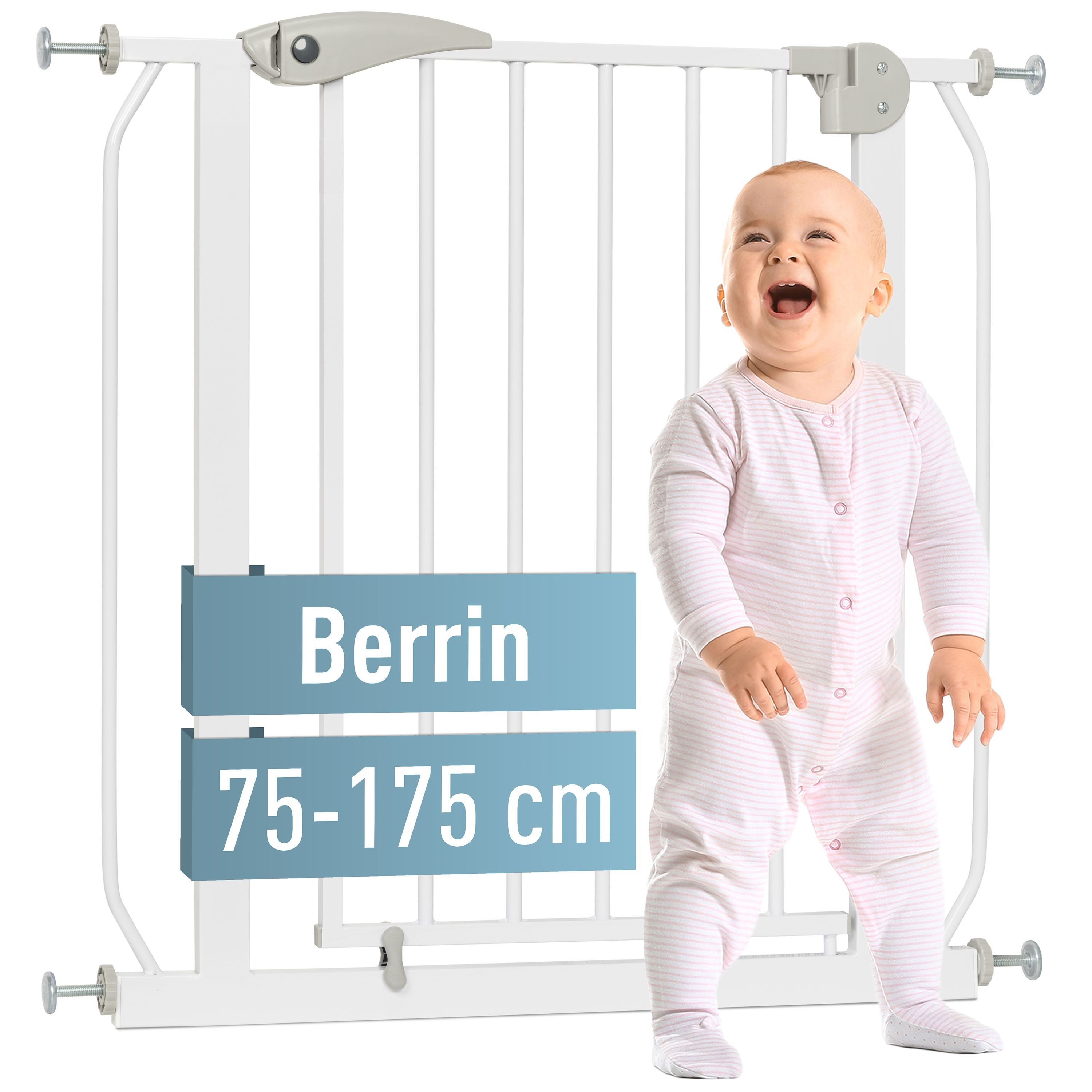 ib style Türschutzgitter Berrin Treppengitter 75-85cm weiß-grau inkl. Y-Adapter, Ohne Bohren, 90° Stop, Sicherheitsgitter für Türen und Treppen