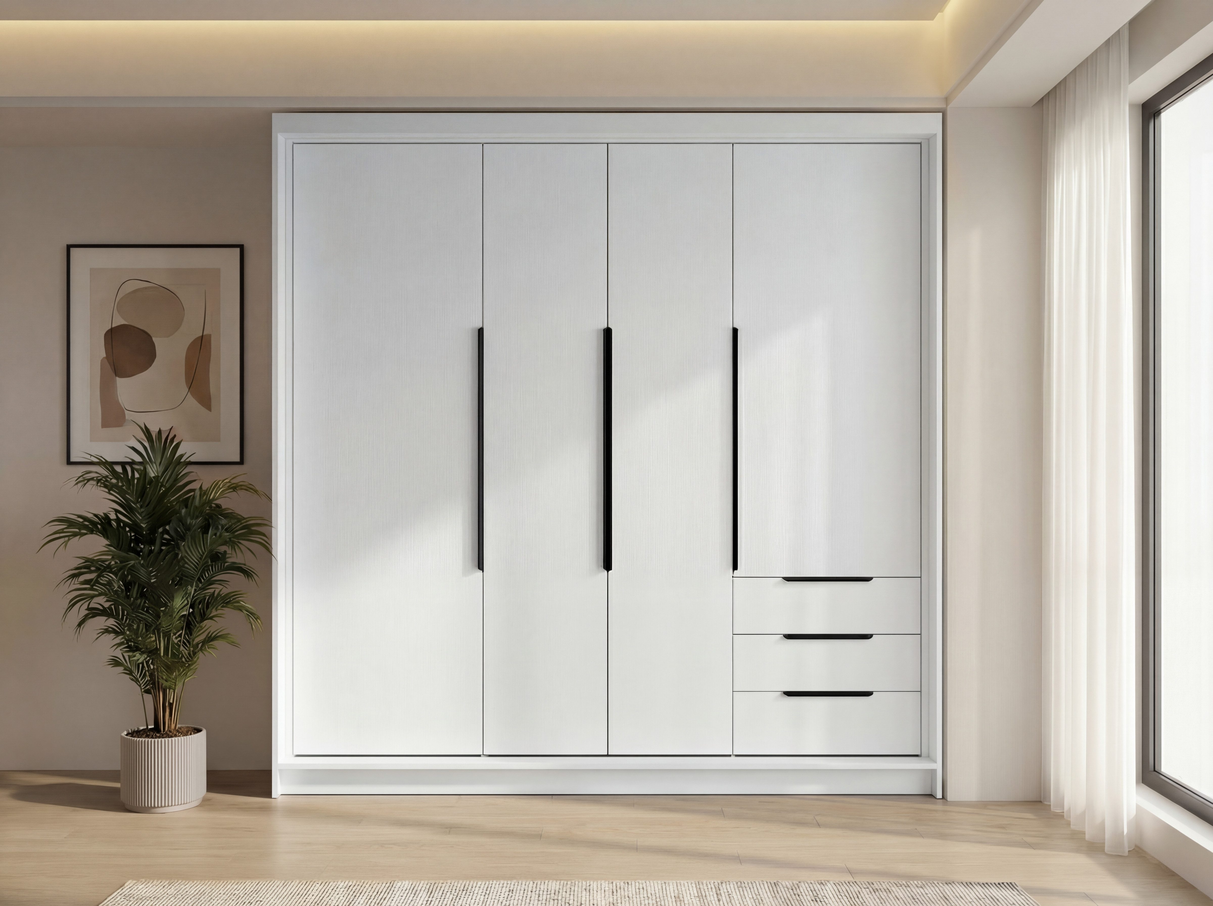 A&J MöbelLand GmbH Drehtürenschrank viertüriger Kleiderschrank mit Schubladen und Metallgriffen. (Geräumiger vier¬türiger Kleiderschrank mit Schubladen und Metallgriffen. Geräumiger Schrank mit einer Breite von 200 cm und Schubladen, ideal zur Aufbewahrung von Kleidung und Accessoires. Viel Stauraum. TOP PRODUKT! Wählen Sie das ideale Modell für Ihr Schlafzimmer!, TOP ANGEBOT) Breite: 200 cm, Höhe: 215 cm, Tiefe: 59,5 cm