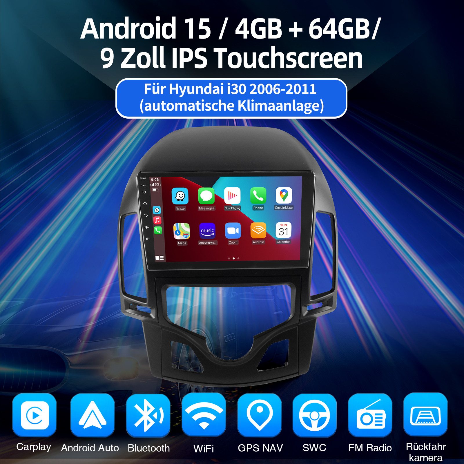 ESSGOO 9'' DAB+ Für Hyundai i30 MK1 FD 2006-11 Android 15 Carplay GPS Navi BT Autoradio (RDS, 2+64GB(optional), FM, AM, DAB+ (optional), Wireless Apple Carplay & Android Auto,2 DIN,WiFi)