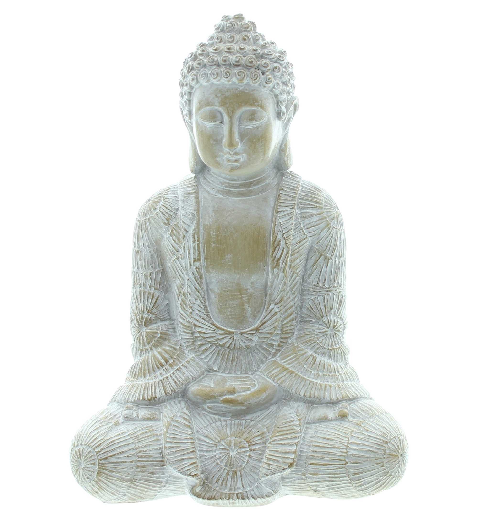Dekoleidenschaft Buddhafigur "Ruhe" Dekofigur Buddha aus Polyresin, weiß gekalkt, Figur meditierend