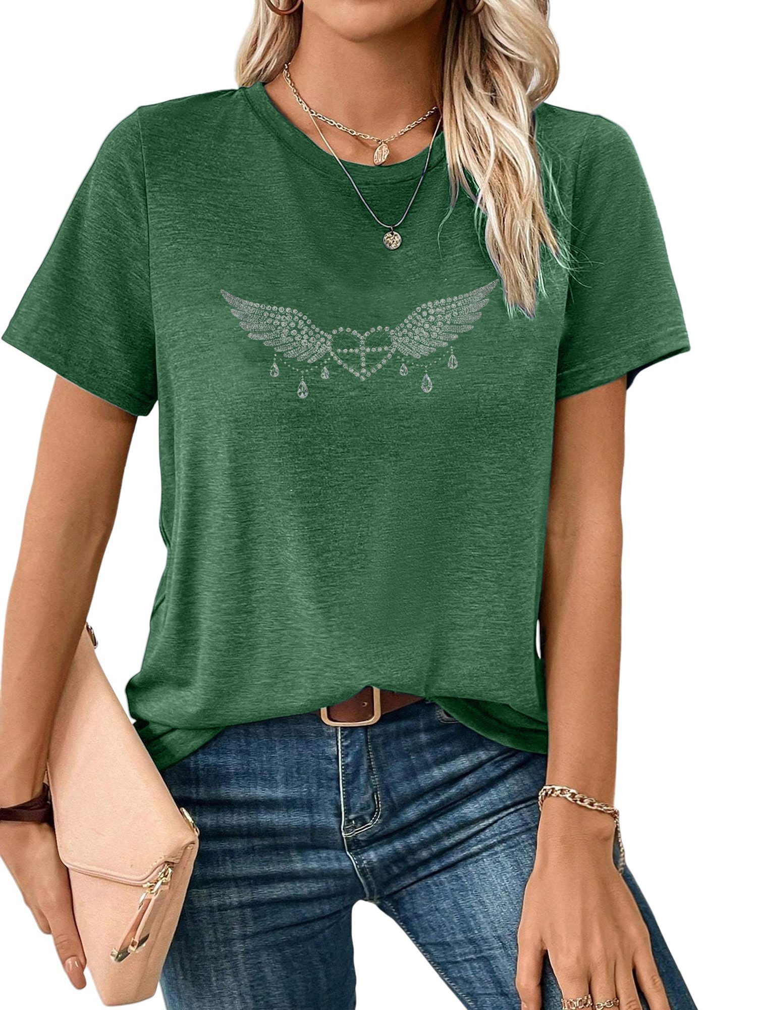PYLIKE Print-Shirt Damen bequemes Sommer Kurzarmbluse Locker Kristall Print-Shirt Bequem für Freizeit und Büro,Strandurlaub