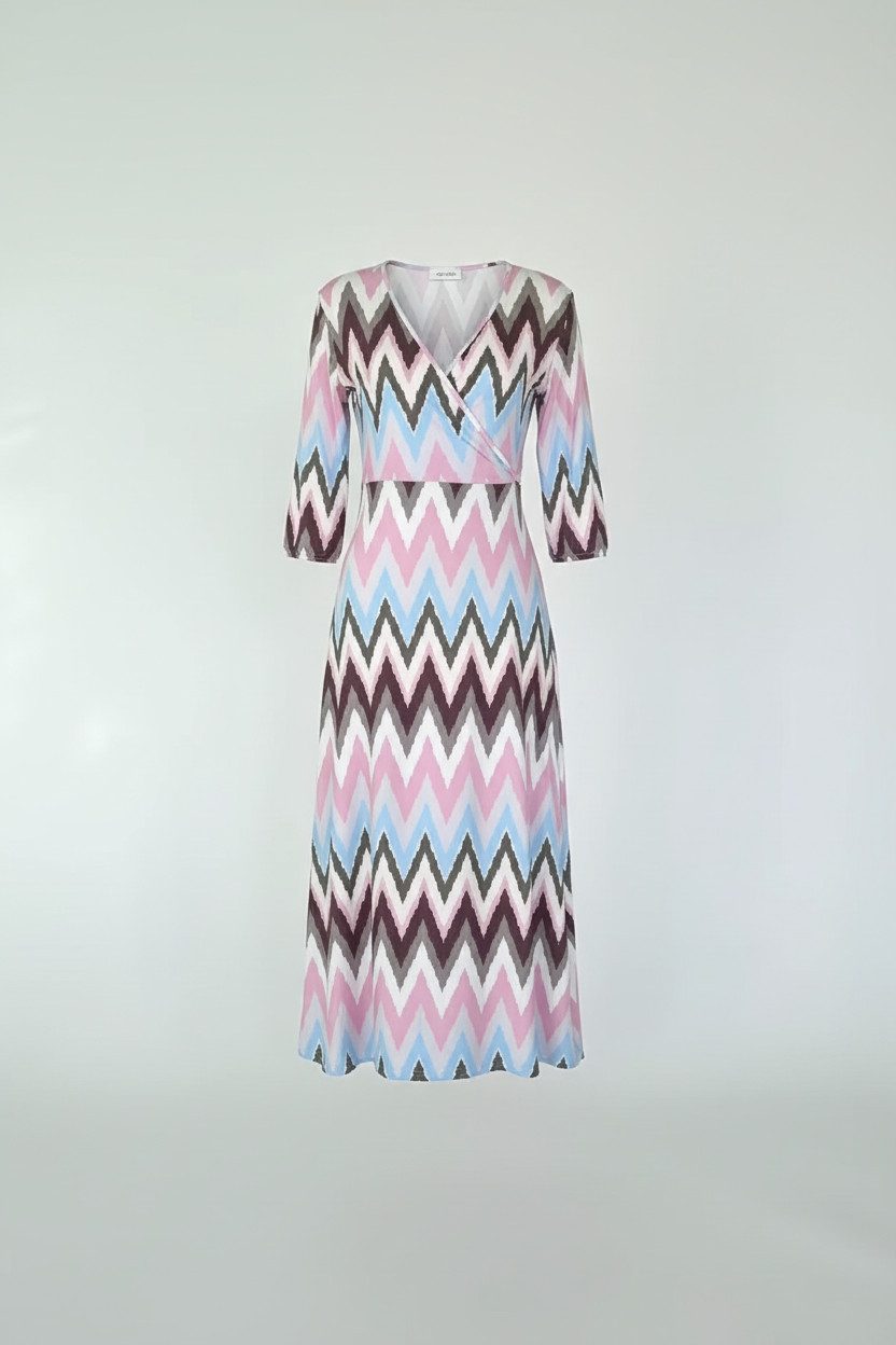 Zuckerwatte Druckkleid all over Printkleid aus Viskose Stretch mit V-Ausschnitt