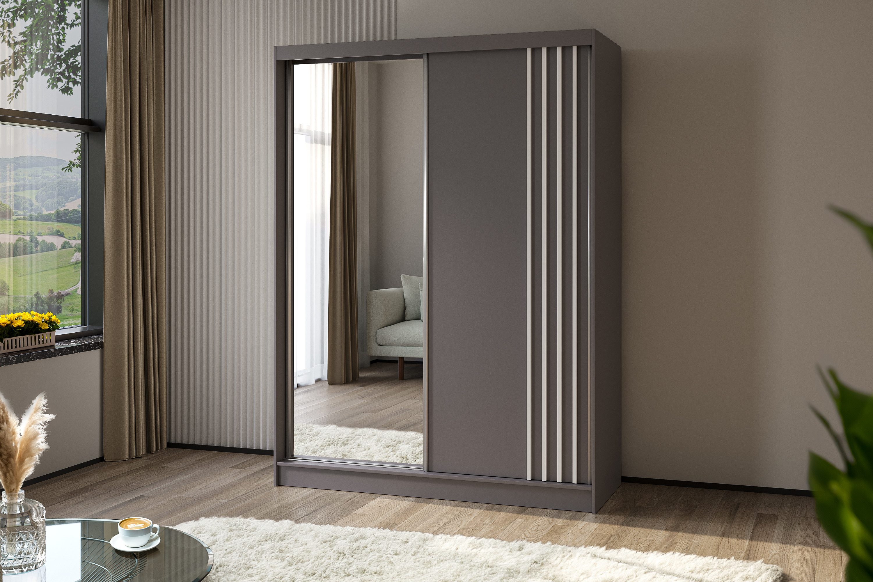 ALTDECOR Schiebetürenschrank NALLA (Kleiderschrank Garderobenschrank mit viel Stauraum, Moderner Schrank) Spiegel Spiegeltüren Lamellen Schwebetürenschrank LED Beleuchtung