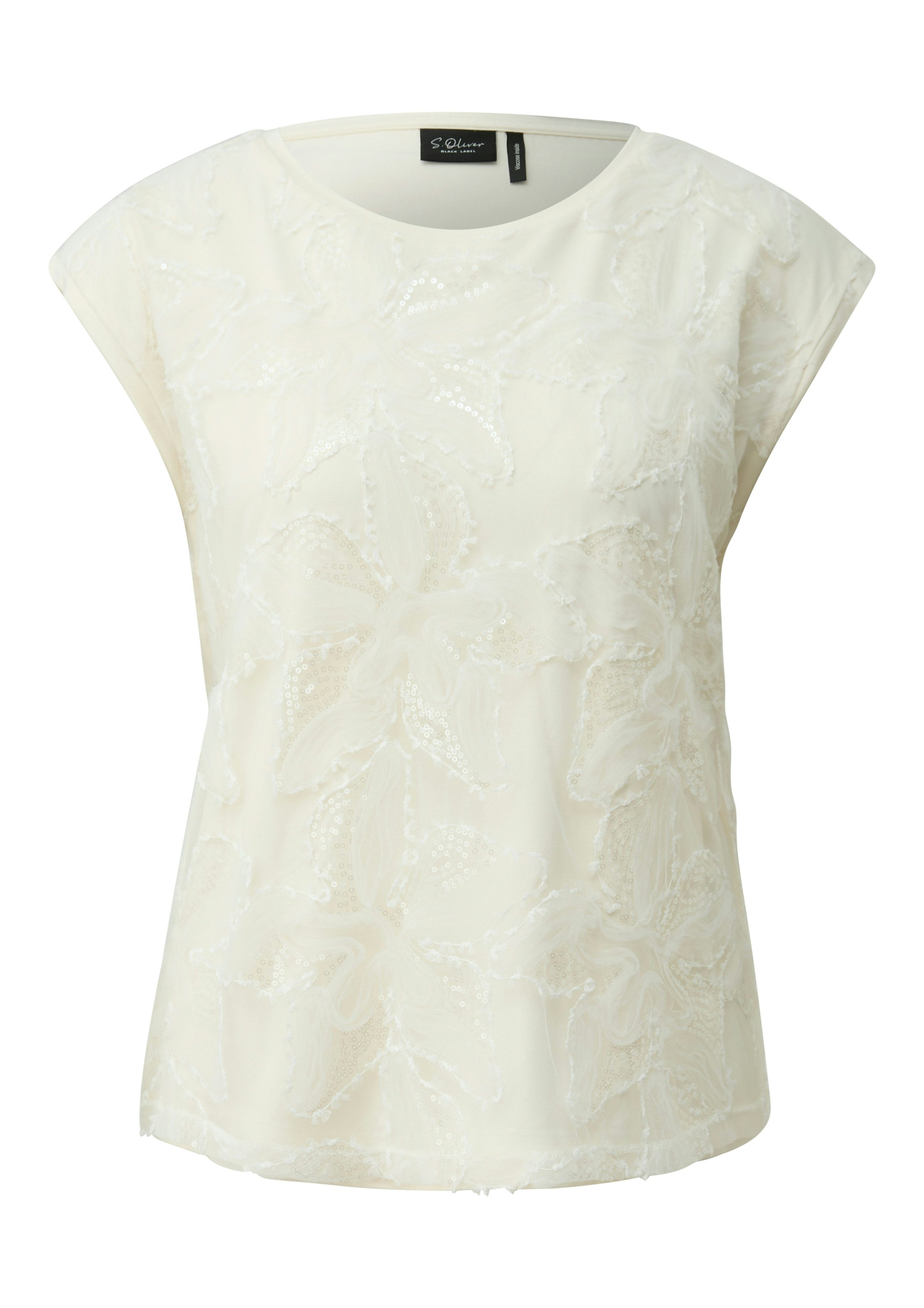 s.Oliver BLACK LABEL Paillettenshirt mit floralen Applikationen, pflegeleicht, taillierte Passform – Bild 4 von 4