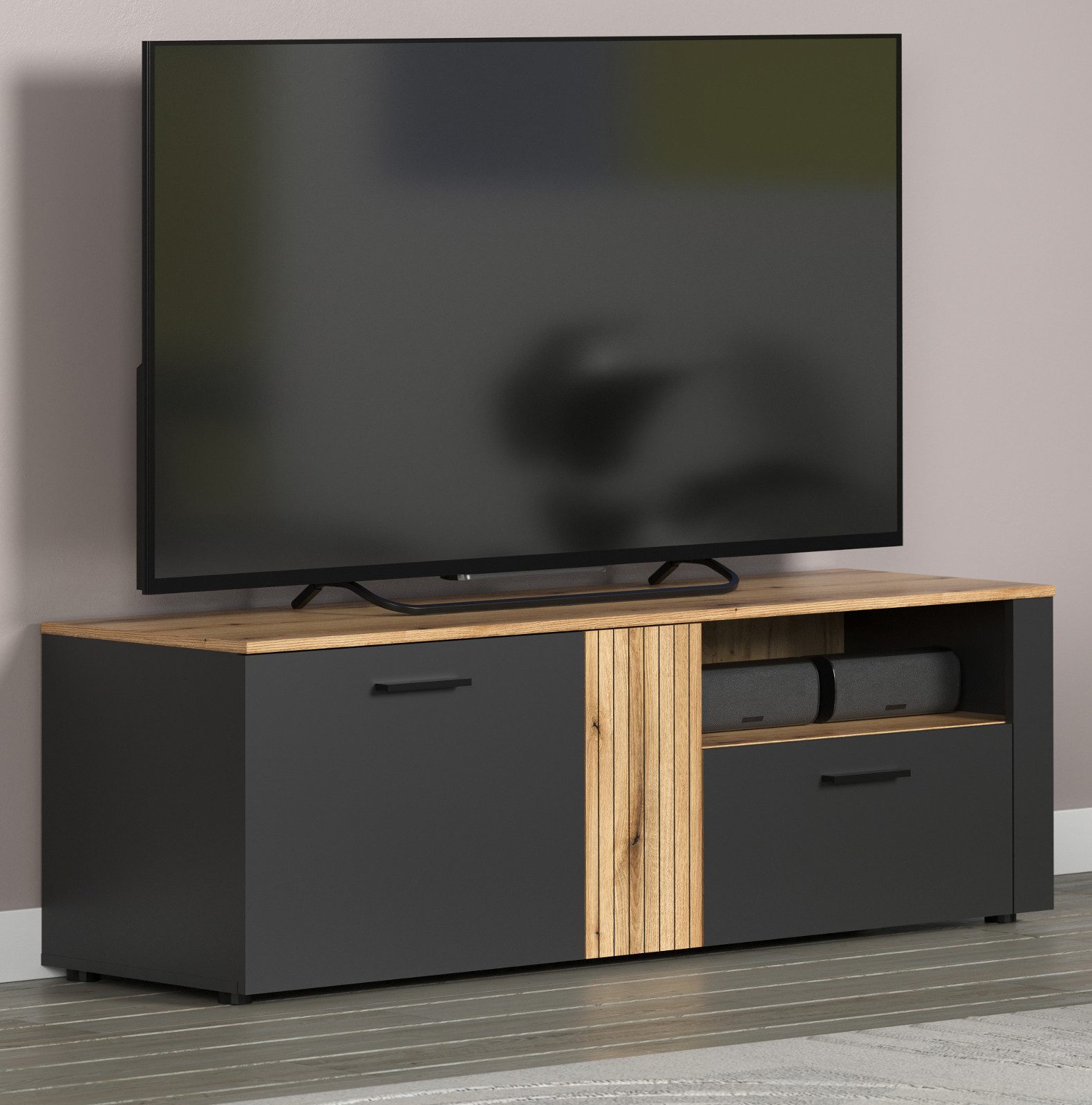 Furn.Design Lowboard Avila (TV Unterschrank in matt grau mit Evoke Eiche, 150 x 50 cm), mit Staboptik