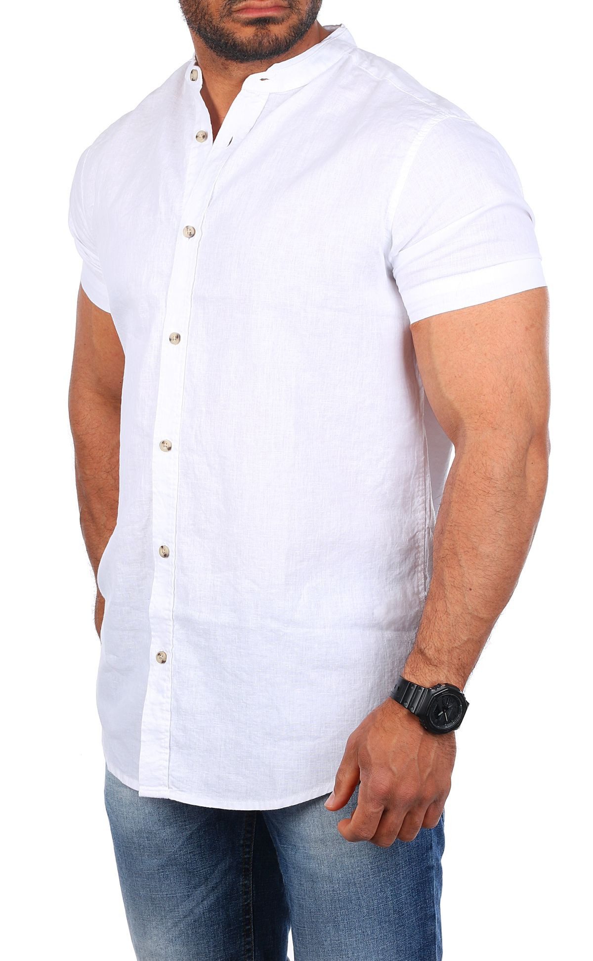 CARISMA Kurzarmhemd Herren Leinen Baumwoll Mix Casual Hemd 9337 Regular Kurzarm Stehkragenkragen Uni