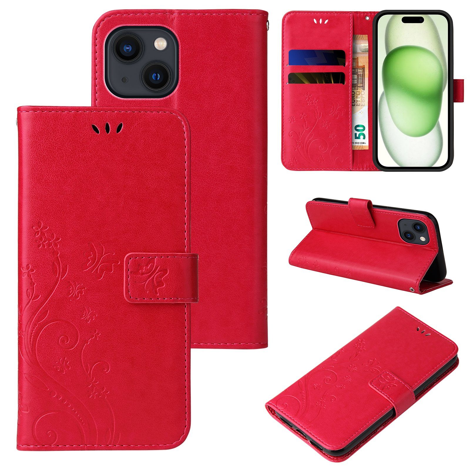 Tec-Expert Handyhülle Cover Tasche Hülle für Apple iPhone 15 6,1 Zoll, Klapphülle Case mit Kartenfach Fliphülle aufstellbar, Motiv Blumen